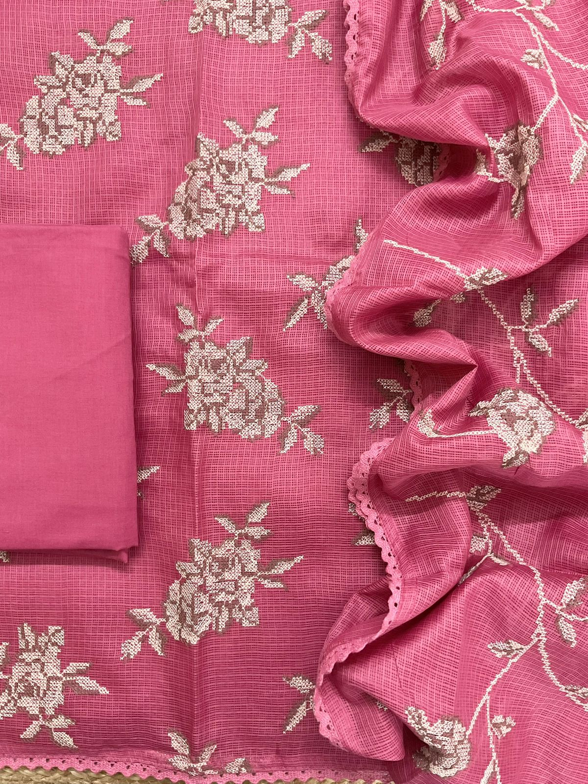 Soft Kota Silk Embroidered Suit - Pink