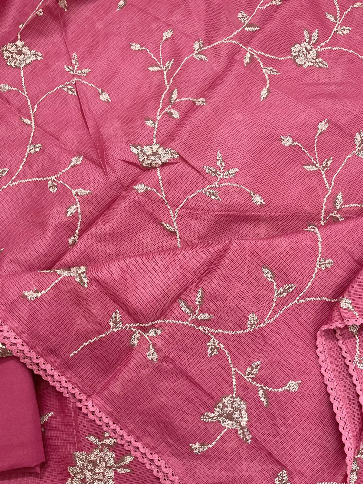 Soft Kota Silk Embroidered Suit - Pink