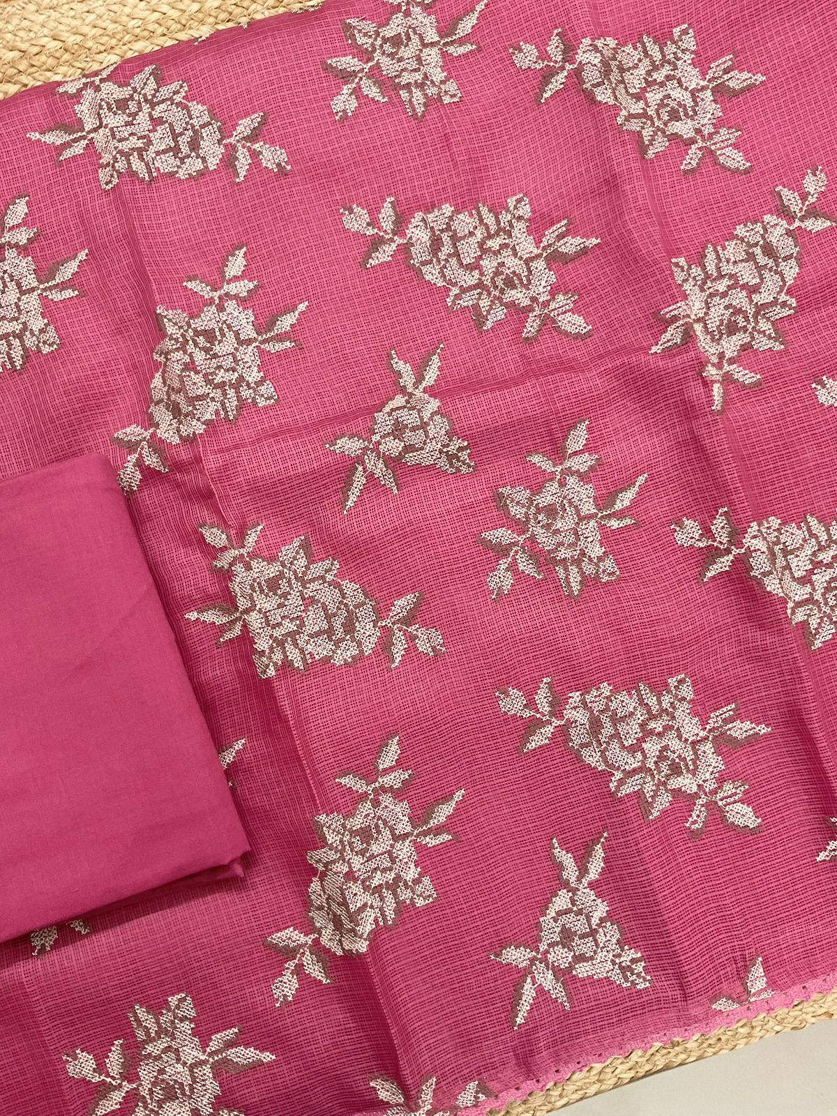 Soft Kota Silk Embroidered Suit - Pink