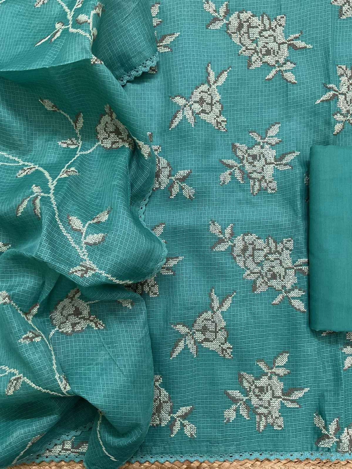 Soft Kota Silk Embroidered Suit - Blue