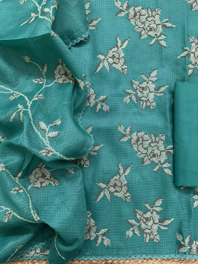 Image of Soft Kota Silk Embroidered Suit - Blue