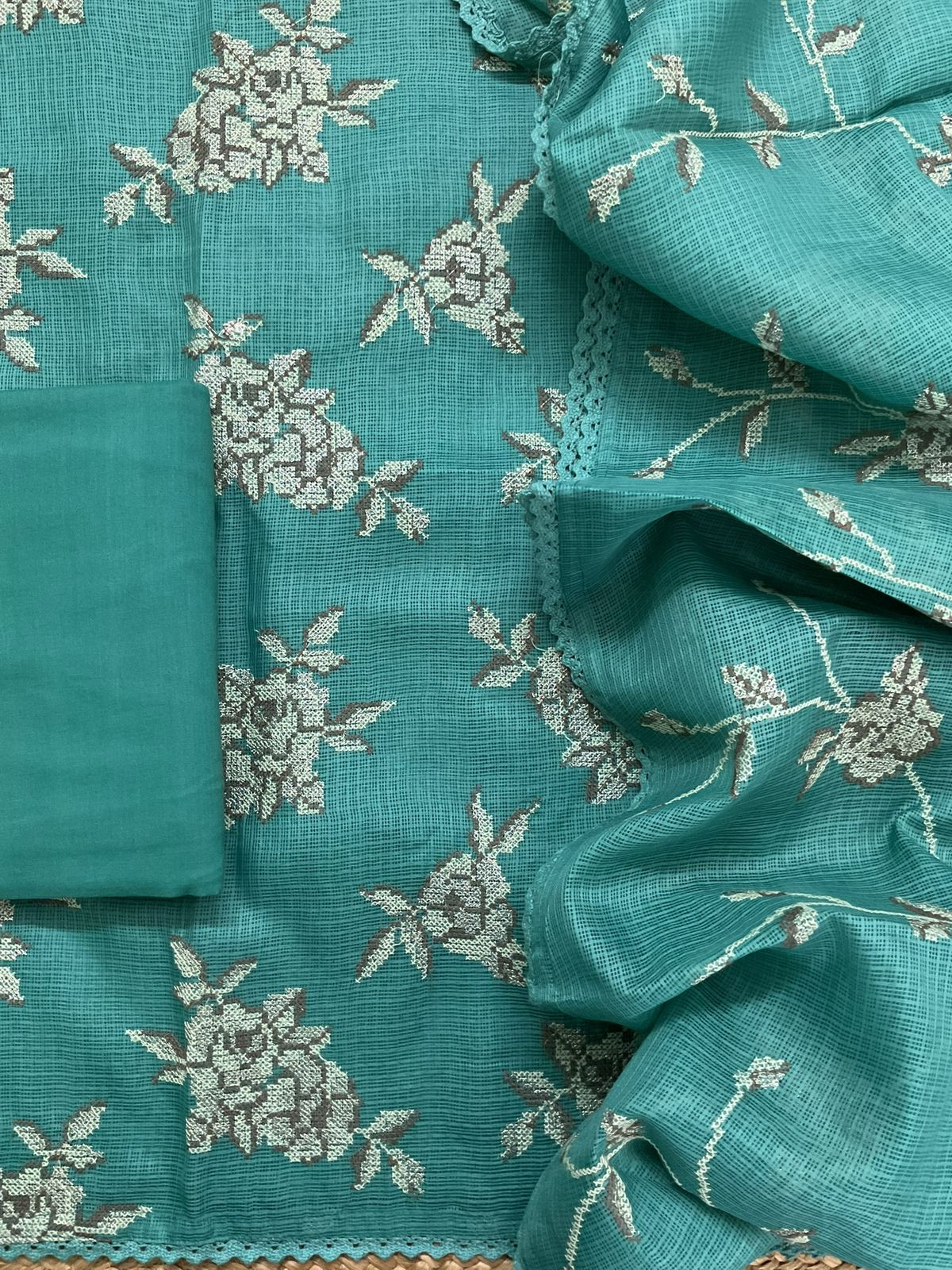 Soft Kota Silk Embroidered Suit - Blue