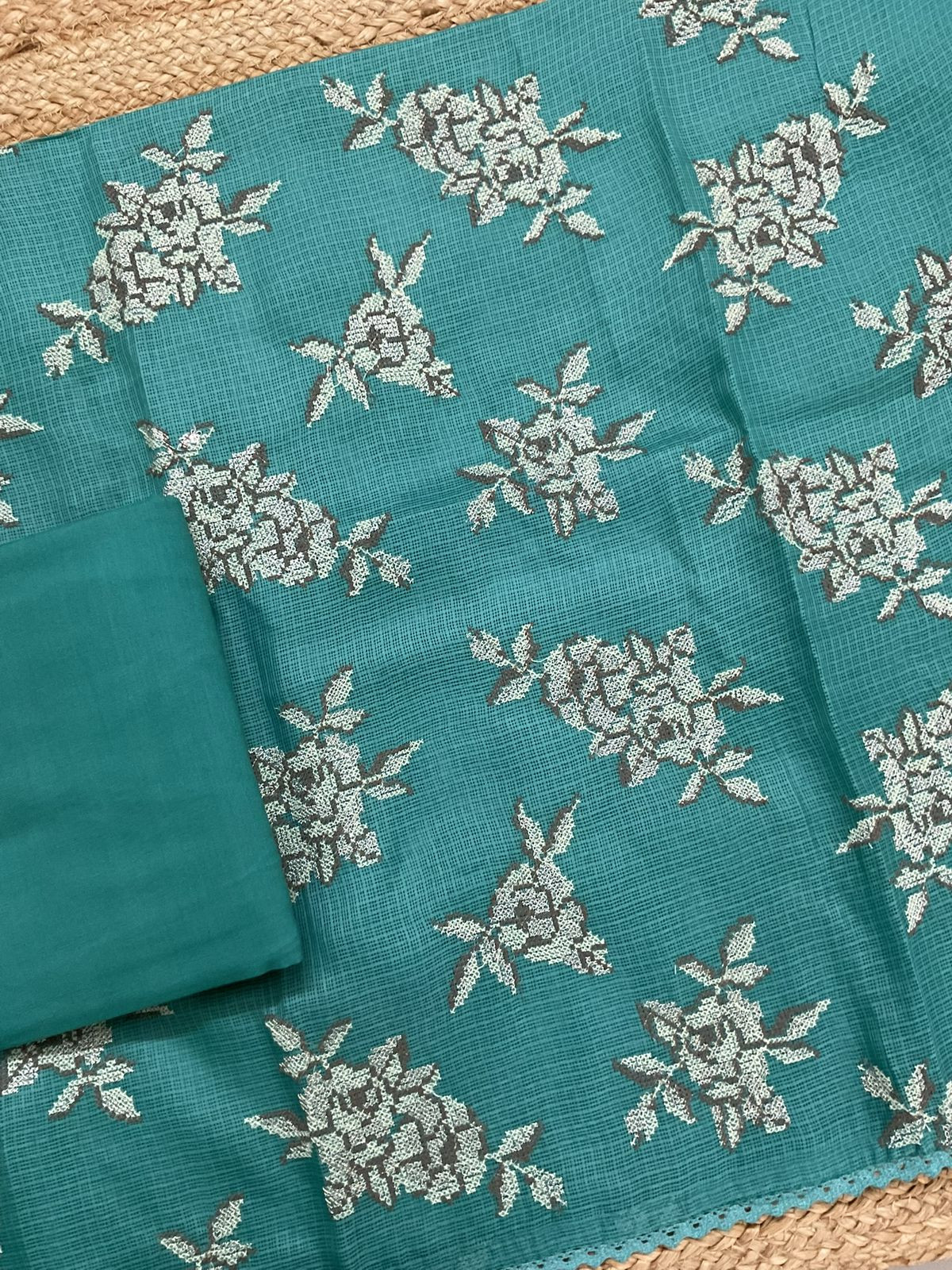 Soft Kota Silk Embroidered Suit - Blue