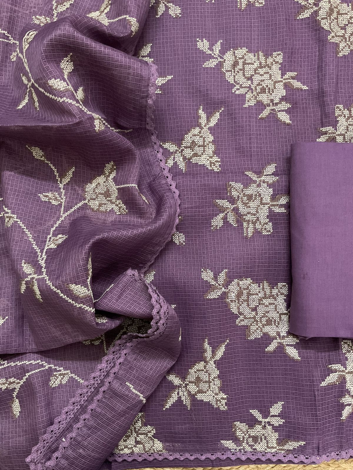 Soft Kota Silk Embroidered Suit - Purple