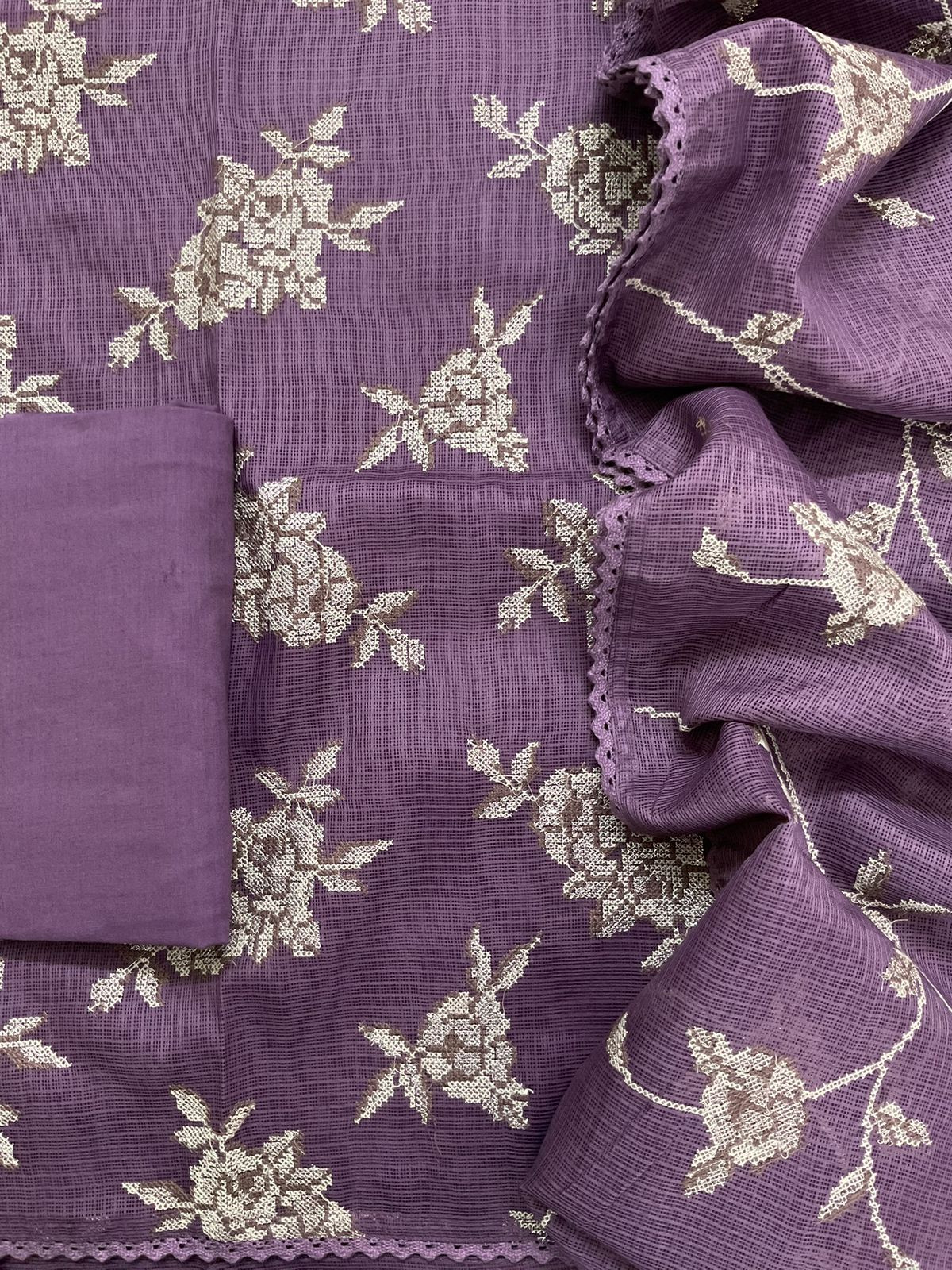 Soft Kota Silk Embroidered Suit - Purple