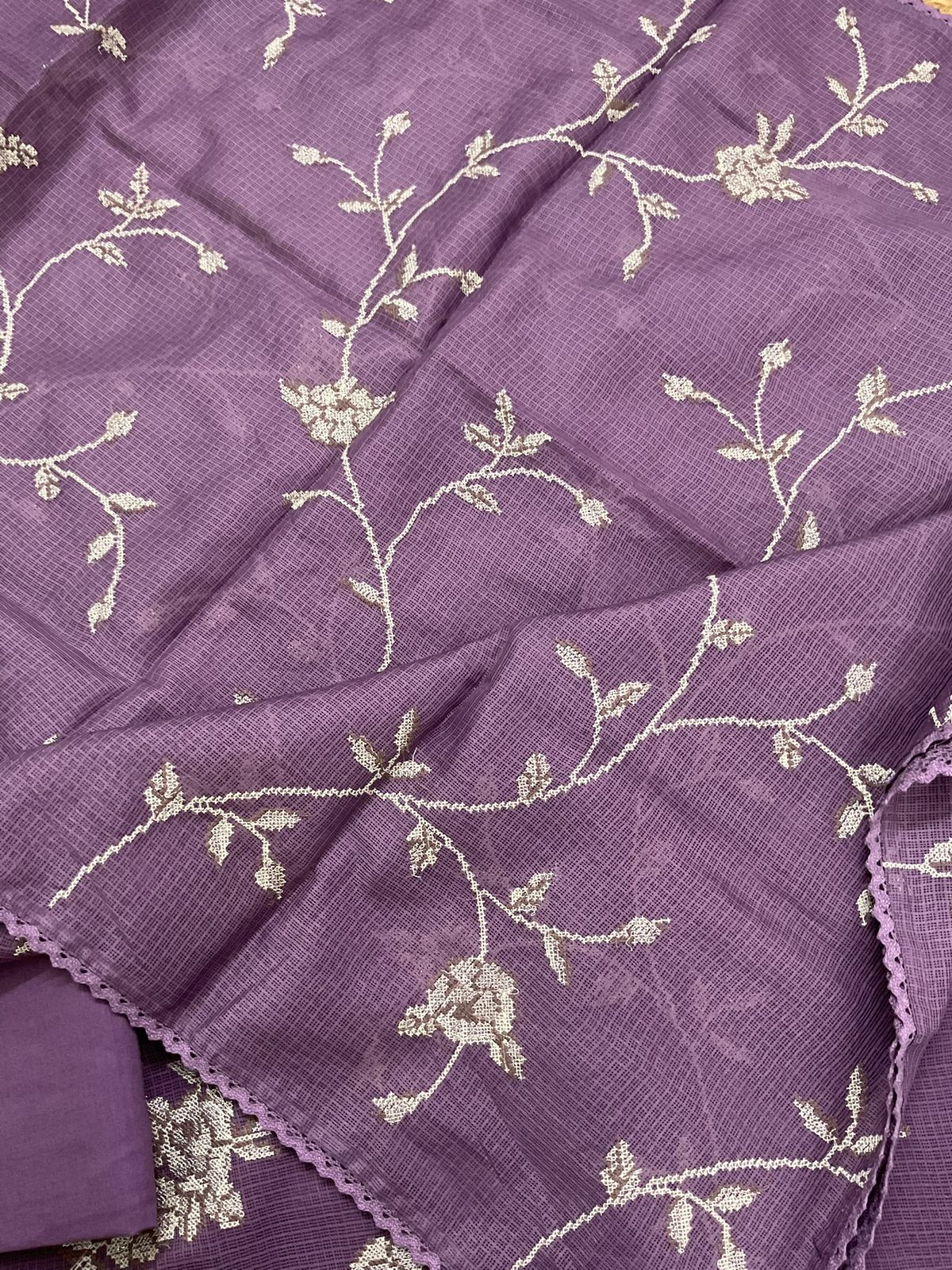 Soft Kota Silk Embroidered Suit - Purple