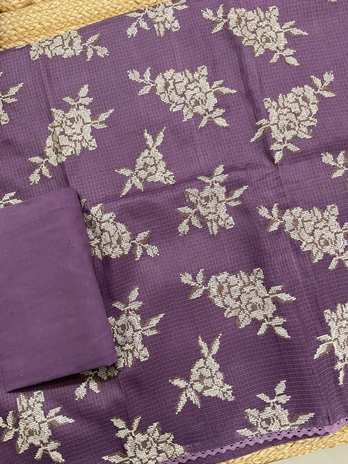 Soft Kota Silk Embroidered Suit - Purple