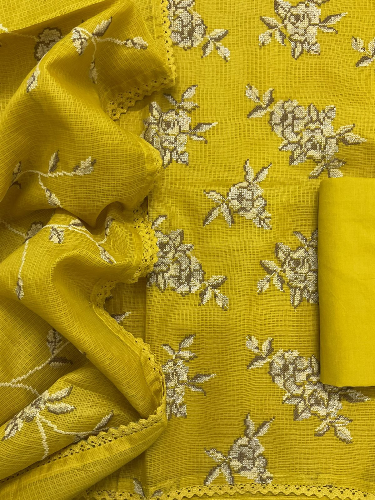 Soft Kota Silk Embroidered Suit - Yellow