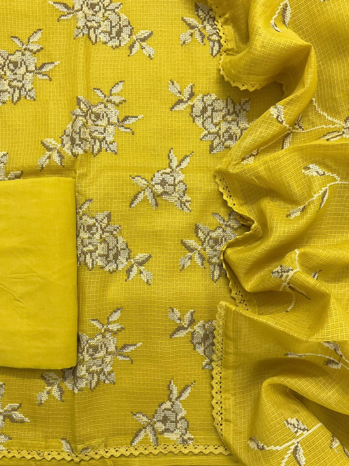 Soft Kota Silk Embroidered Suit - Yellow