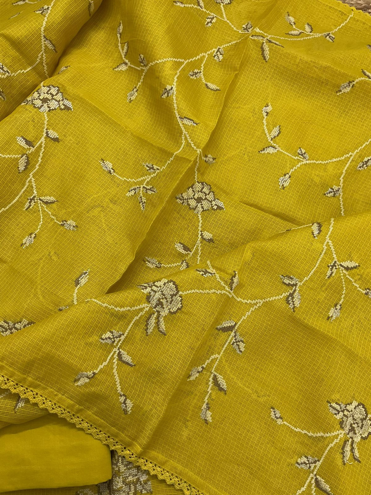 Soft Kota Silk Embroidered Suit - Yellow