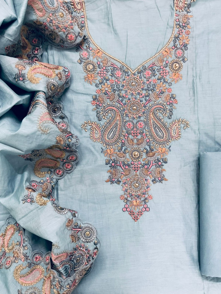 Image of Soft Chanderi Embroidered Suit - Greyish Blue