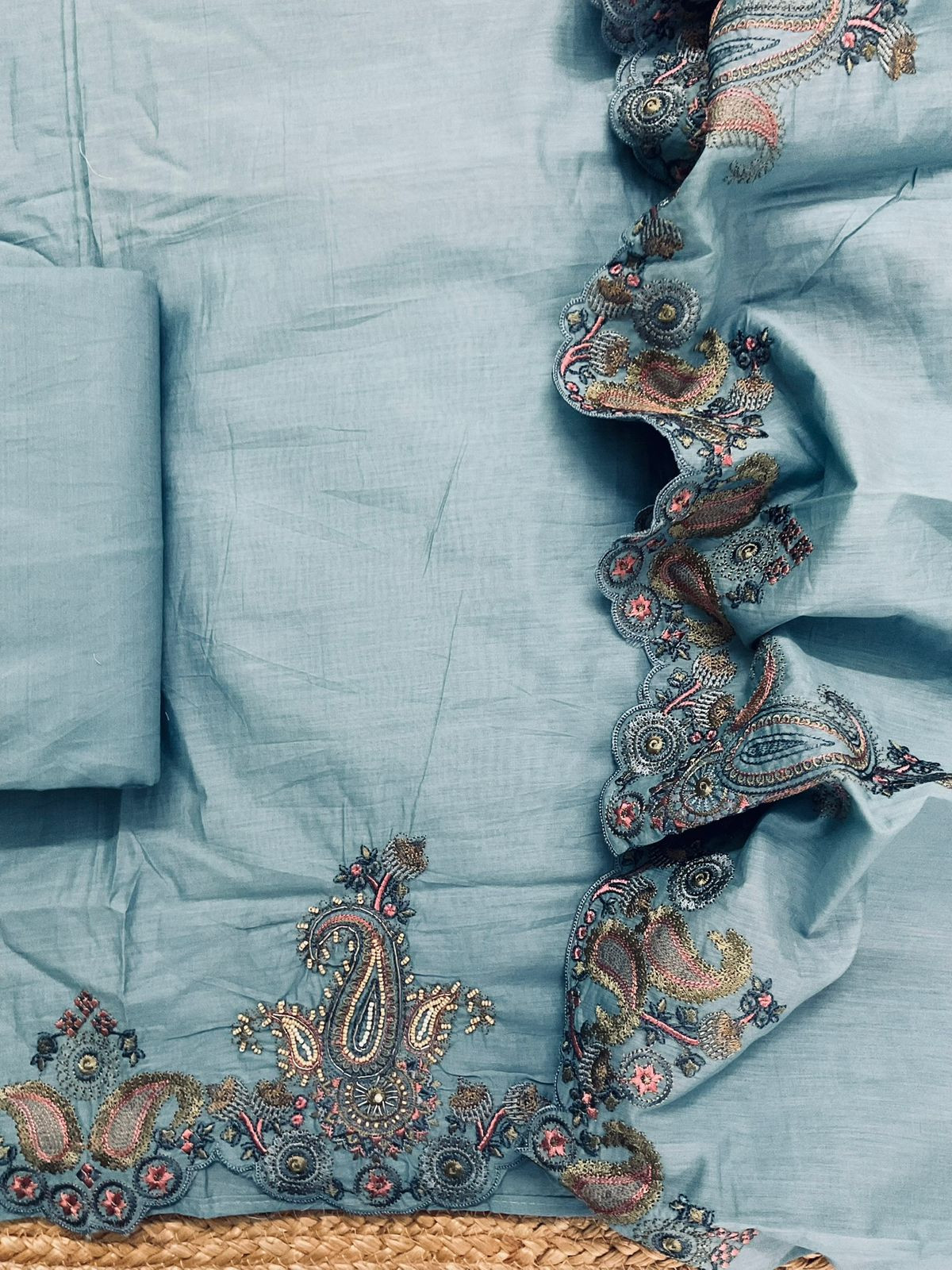 Soft Chanderi Embroidered Suit - Greyish Blue