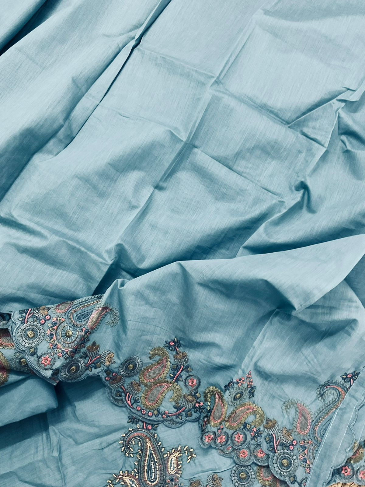 Soft Chanderi Embroidered Suit - Greyish Blue