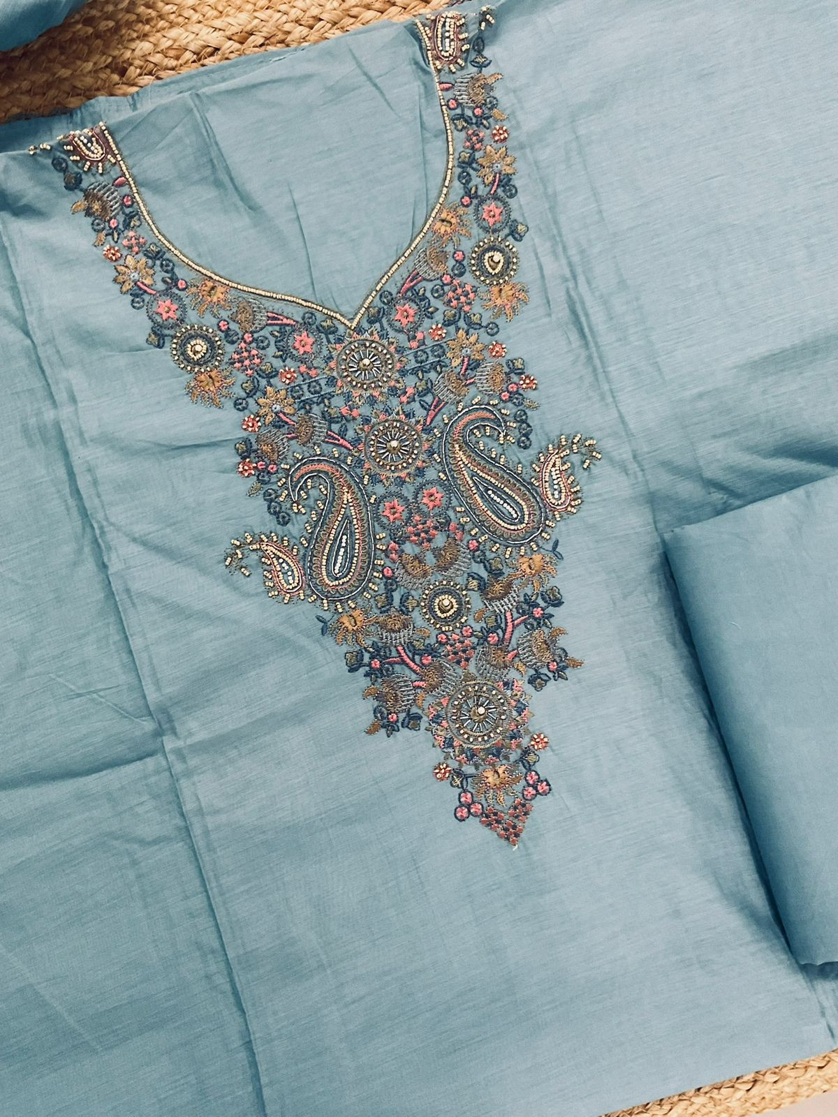 Soft Chanderi Embroidered Suit - Greyish Blue