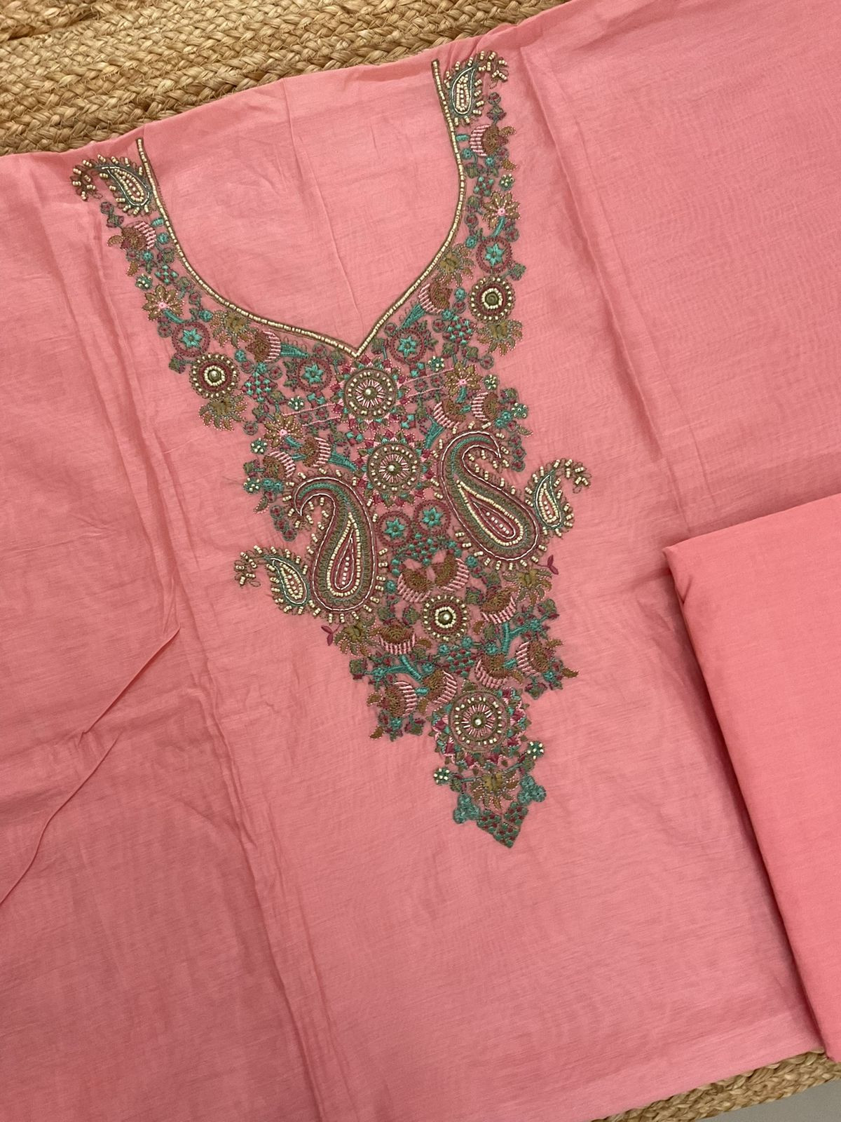 Soft Chanderi Embroidered Suit - Peach