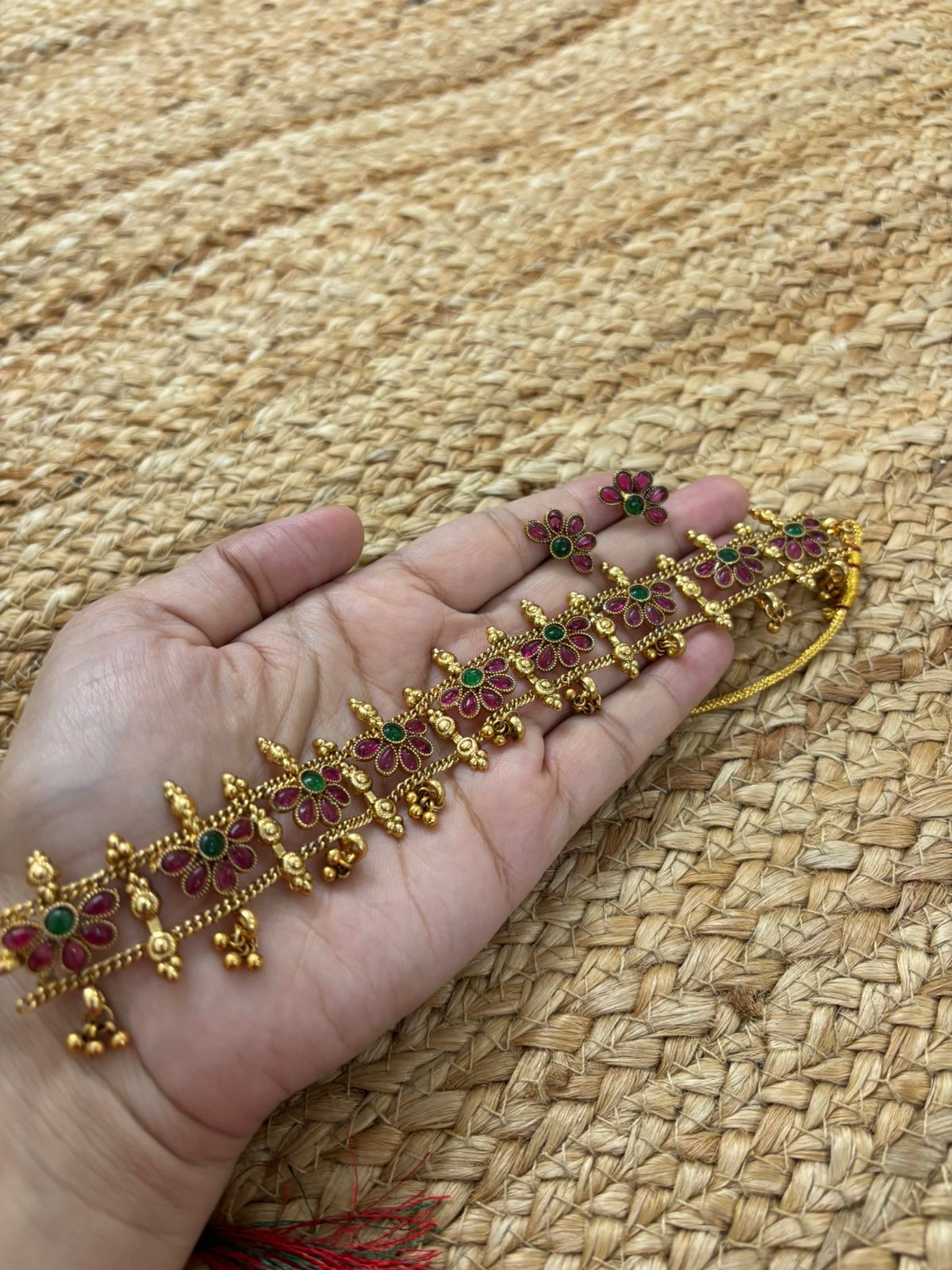 Metallic Oxidised Gold Necklace Set With Earrings - Gold