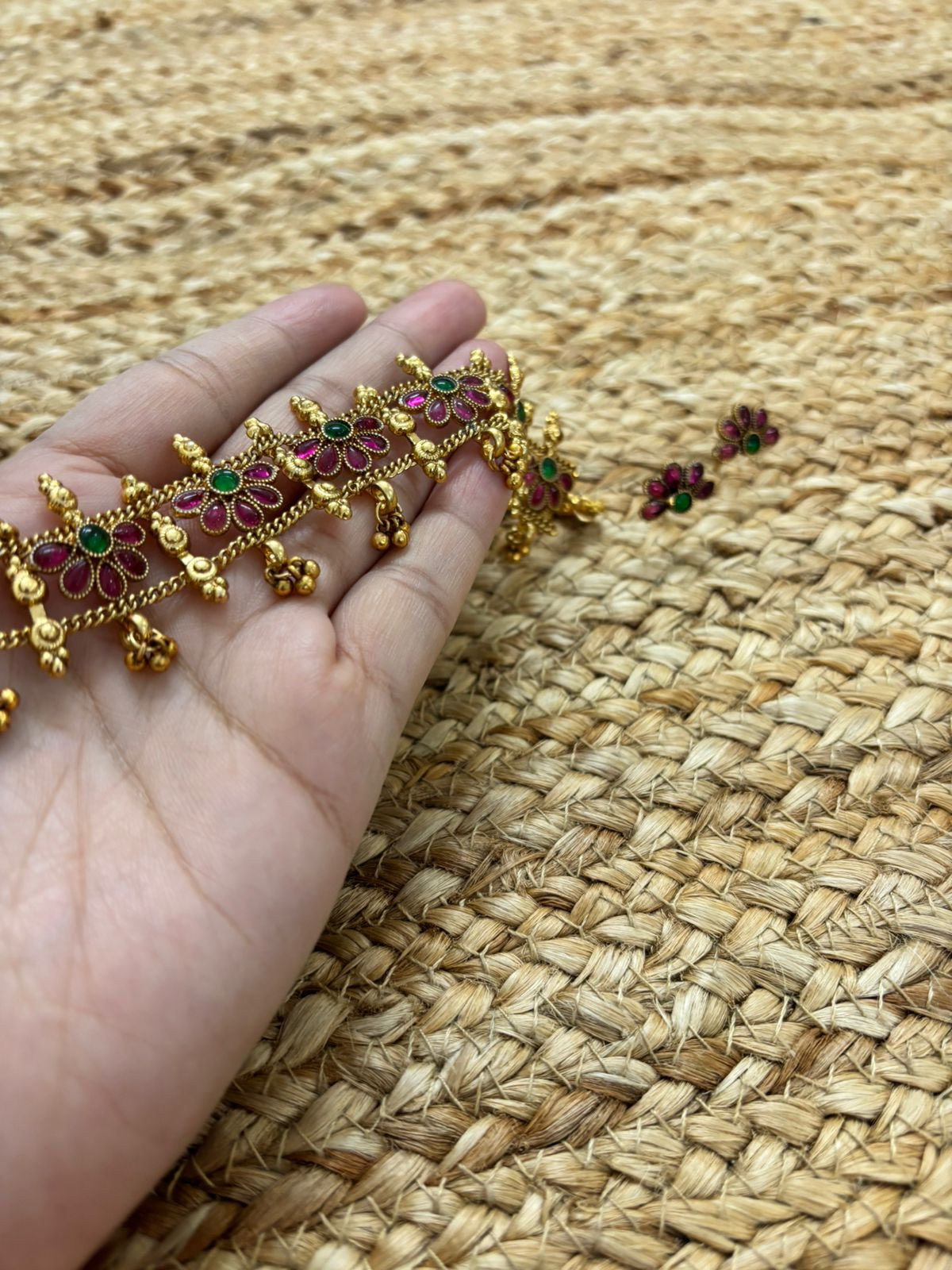 Metallic Oxidised Gold Necklace Set With Earrings - Gold