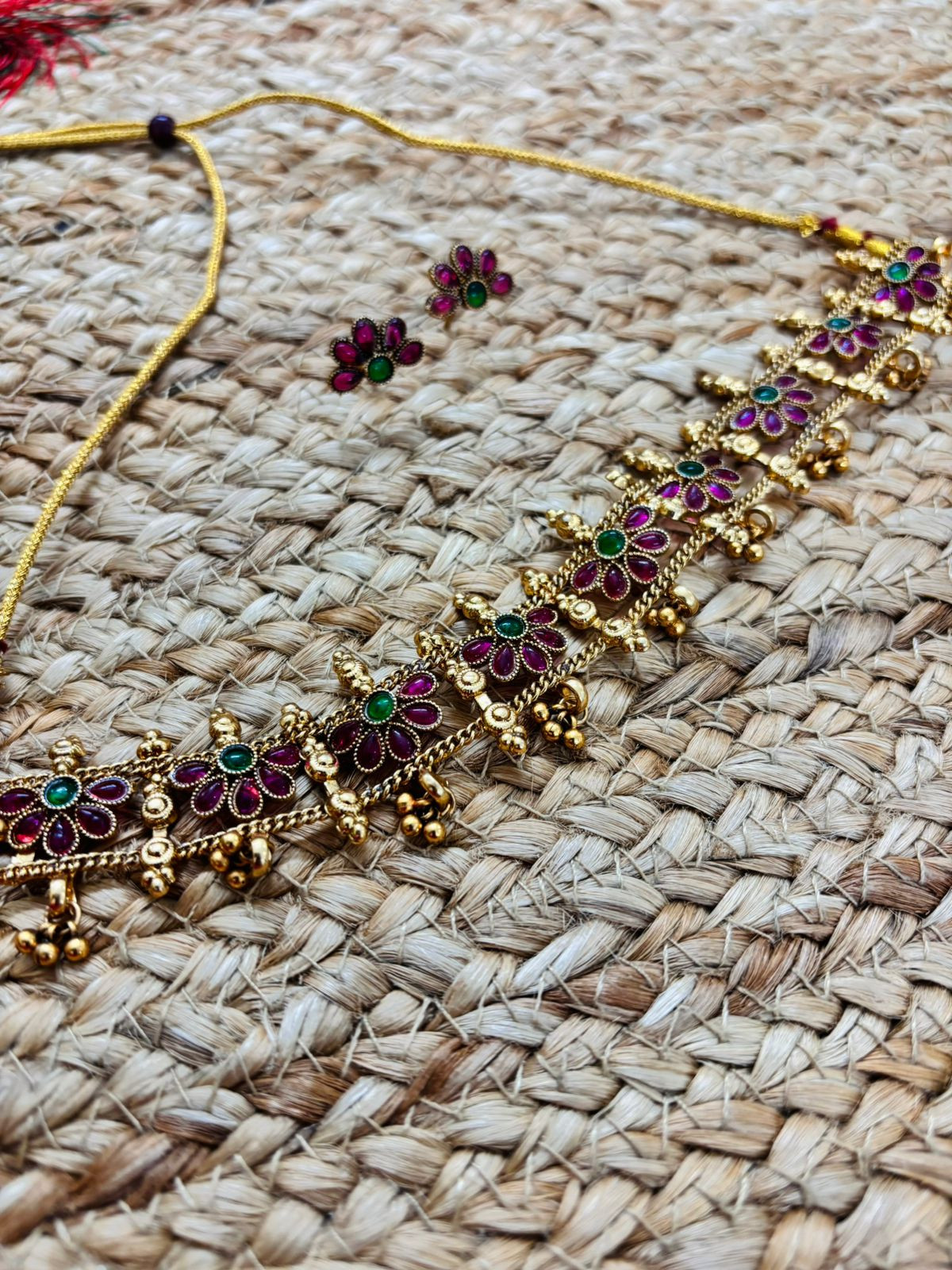 Metallic Oxidised Gold Necklace Set With Earrings - Gold