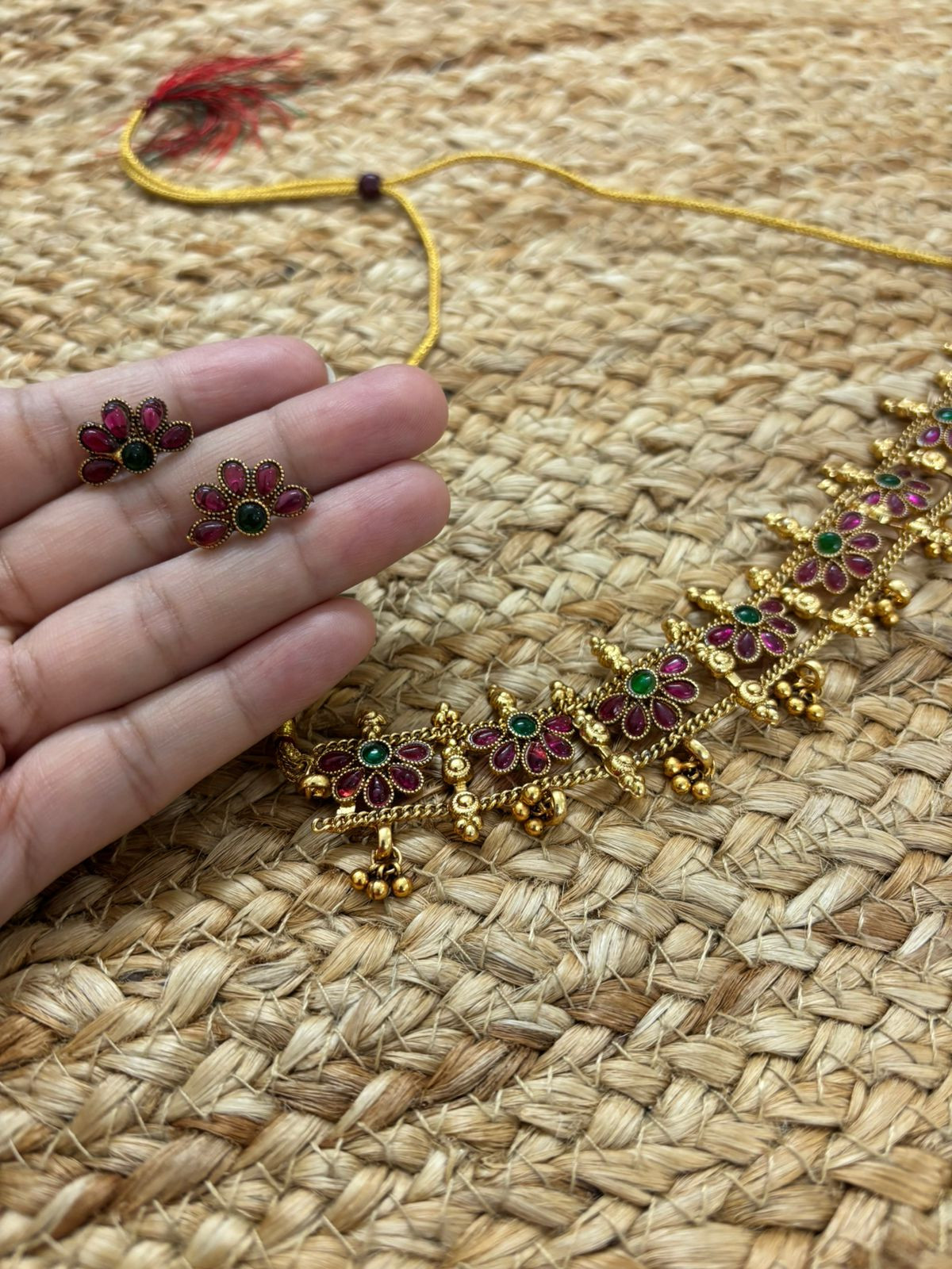 Metallic Oxidised Gold Necklace Set With Earrings - Gold