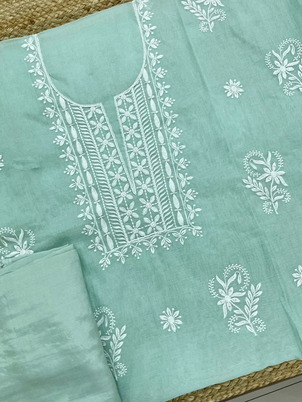 Soft Chanderi Embroidered Suit - Seagreen