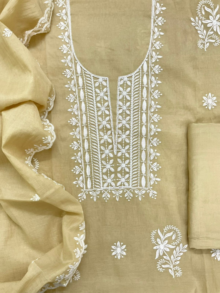 Image of Soft Chanderi Embroidered Suit - Yellow