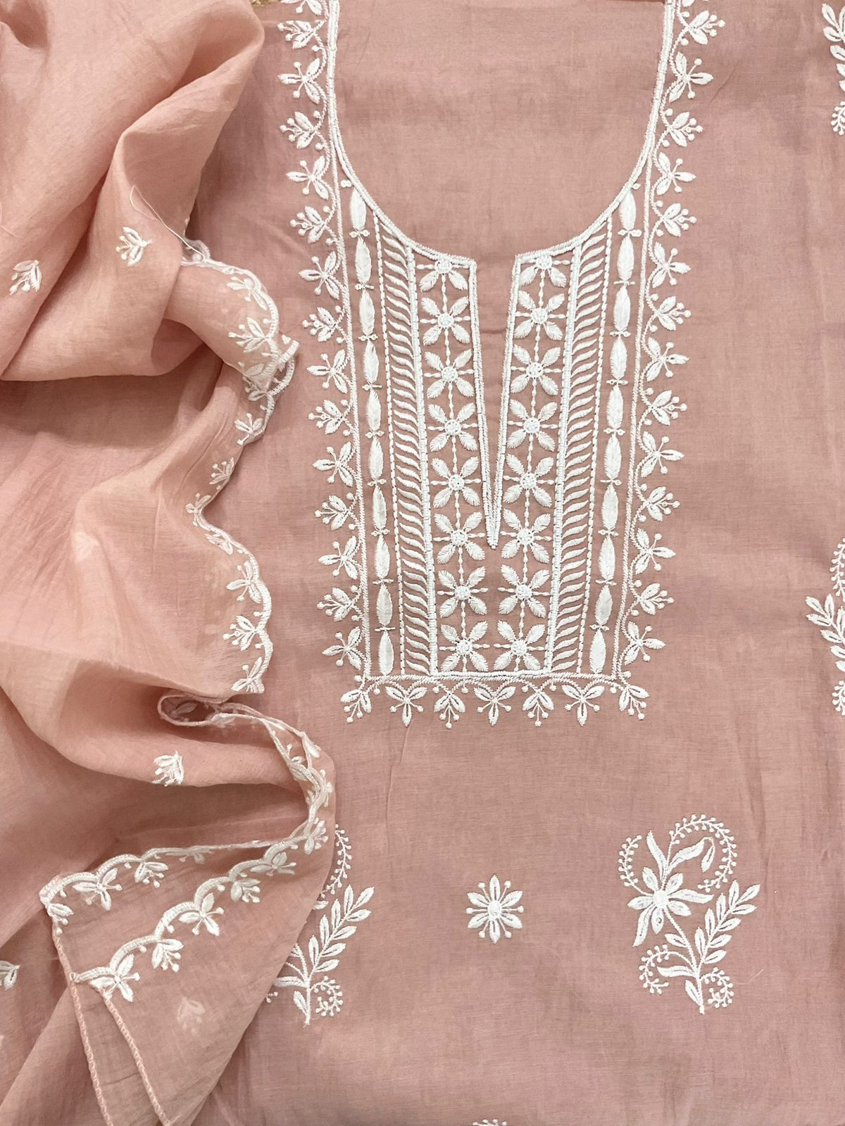 Soft Chanderi Embroidered Suit - Peach