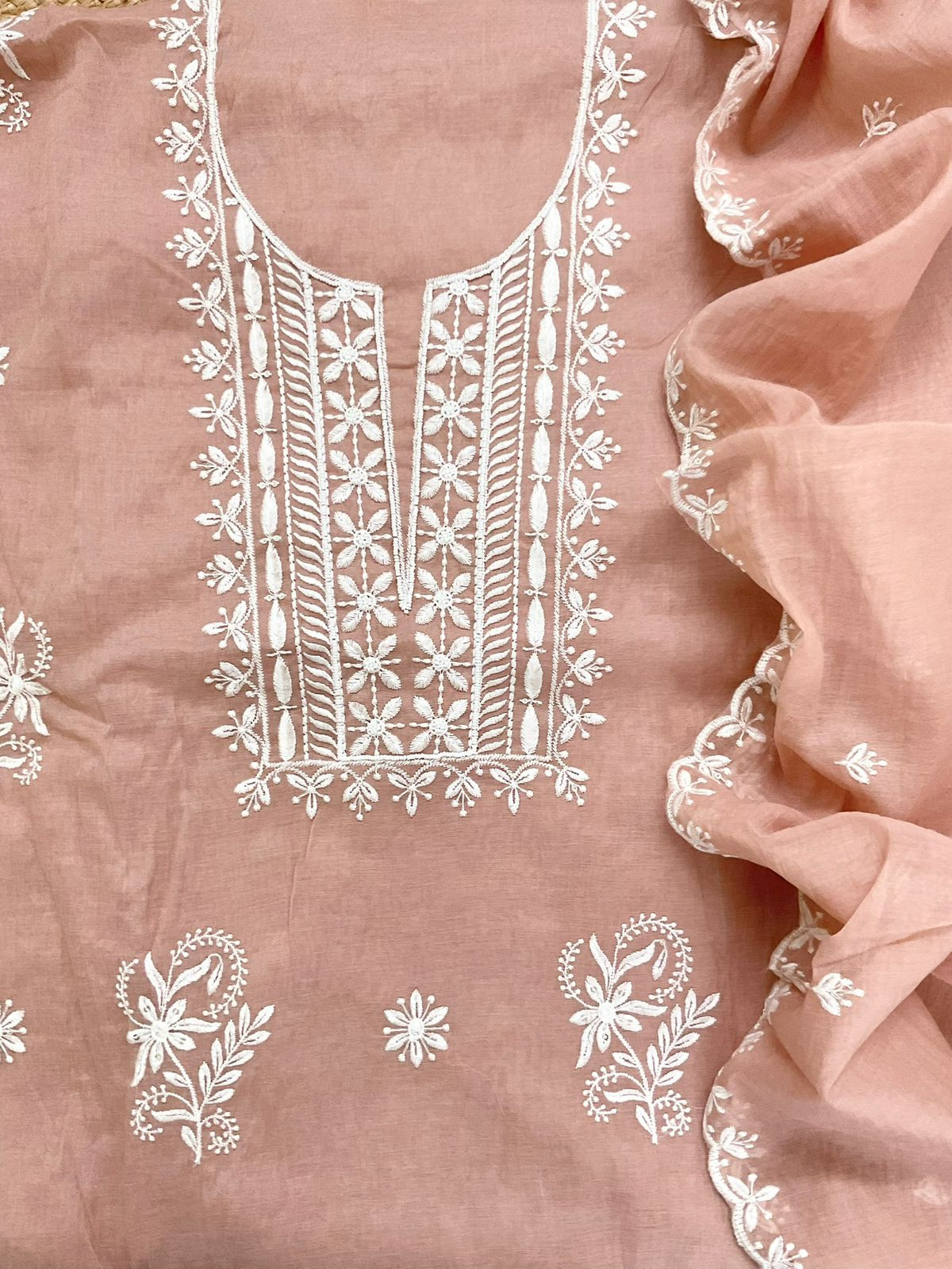 Soft Chanderi Embroidered Suit - Peach