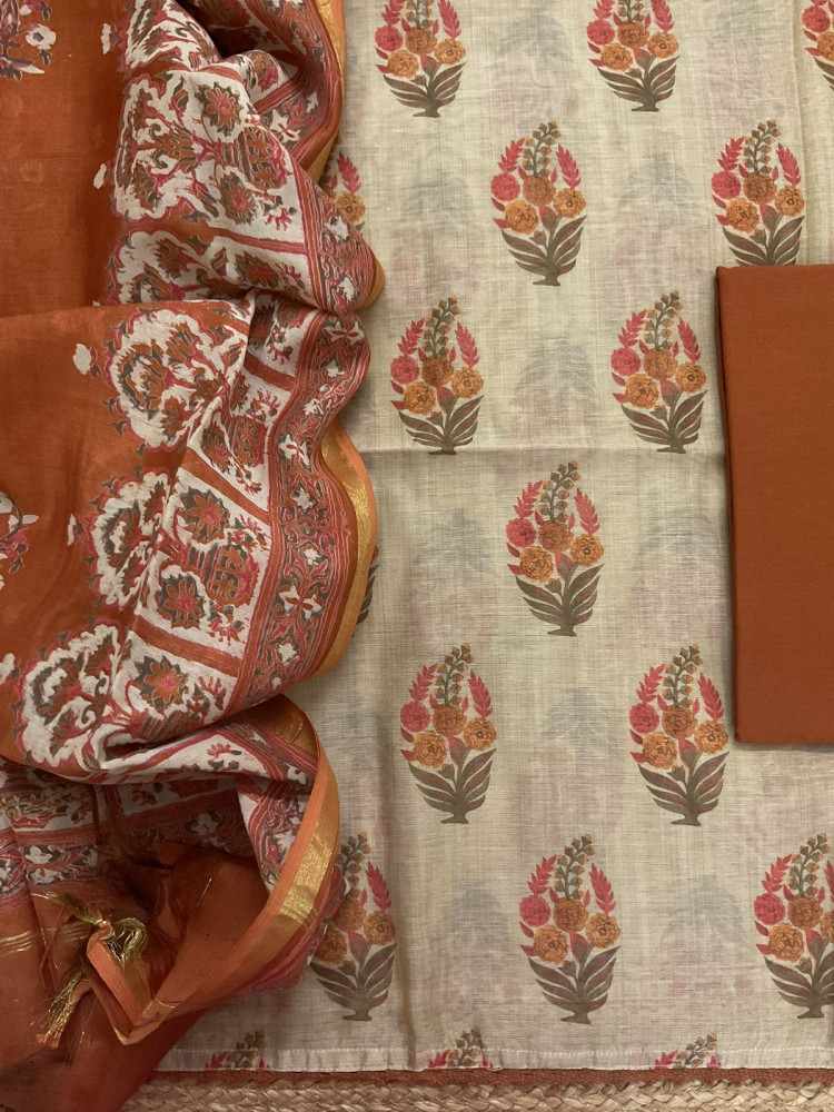 Image of Soft Kora Chanderi Printed Suit - Beige