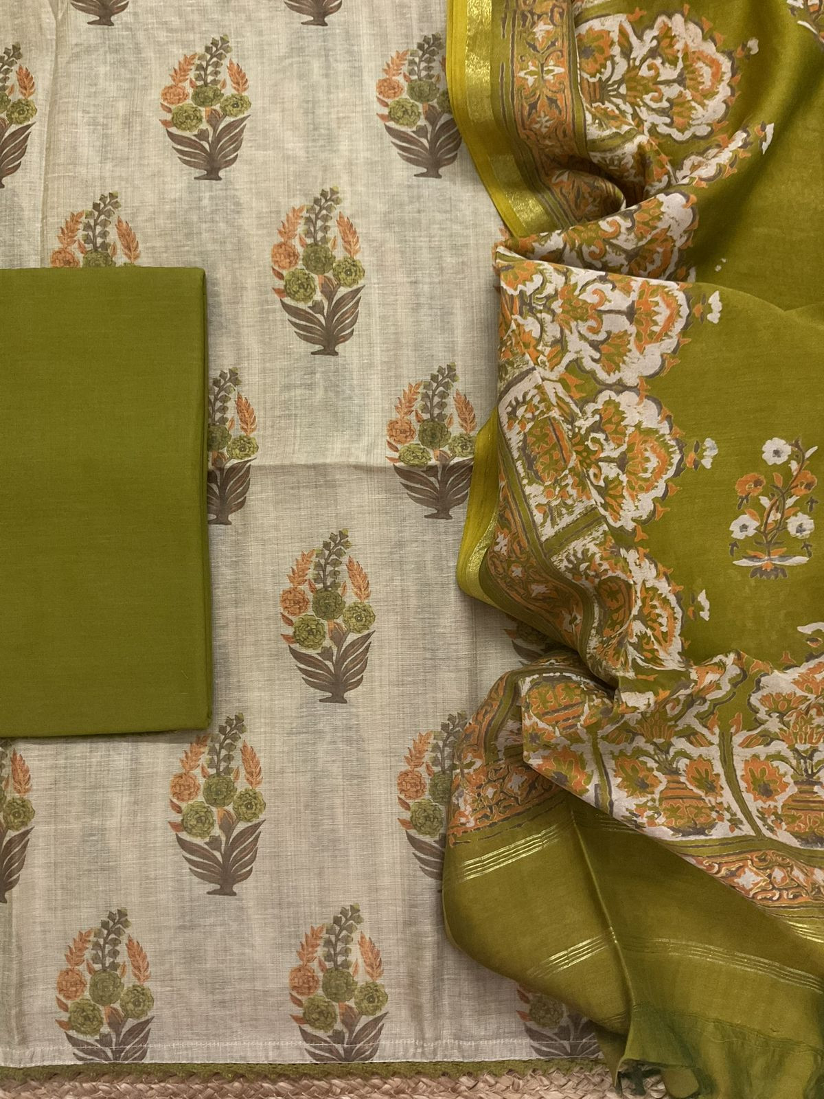 Soft Kora Chanderi Printed Suit - Beige