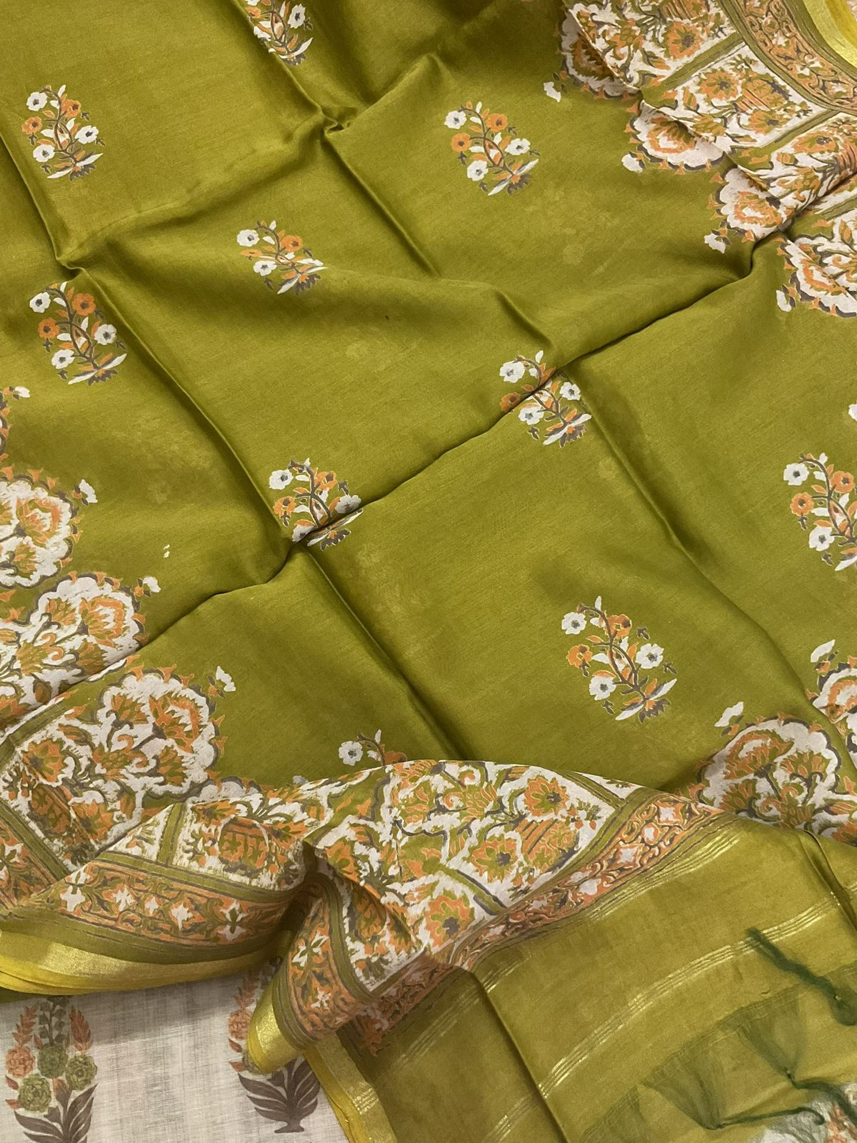 Soft Kora Chanderi Printed Suit - Beige