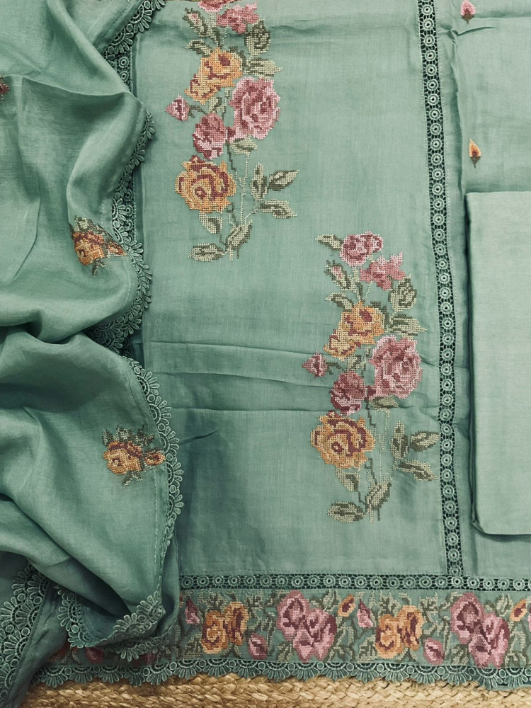 Image of Pure Chanderi Embroidered Suit - Green