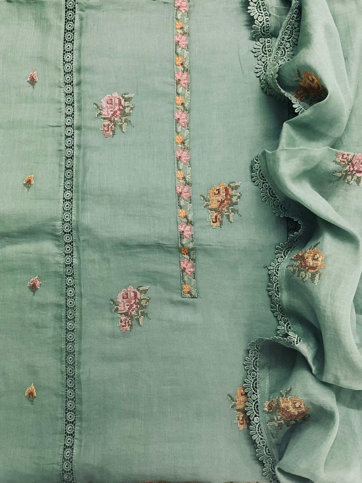 Pure Chanderi Embroidered Suit - Green