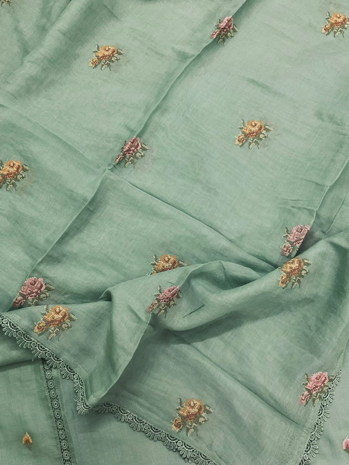 Pure Chanderi Embroidered Suit - Green