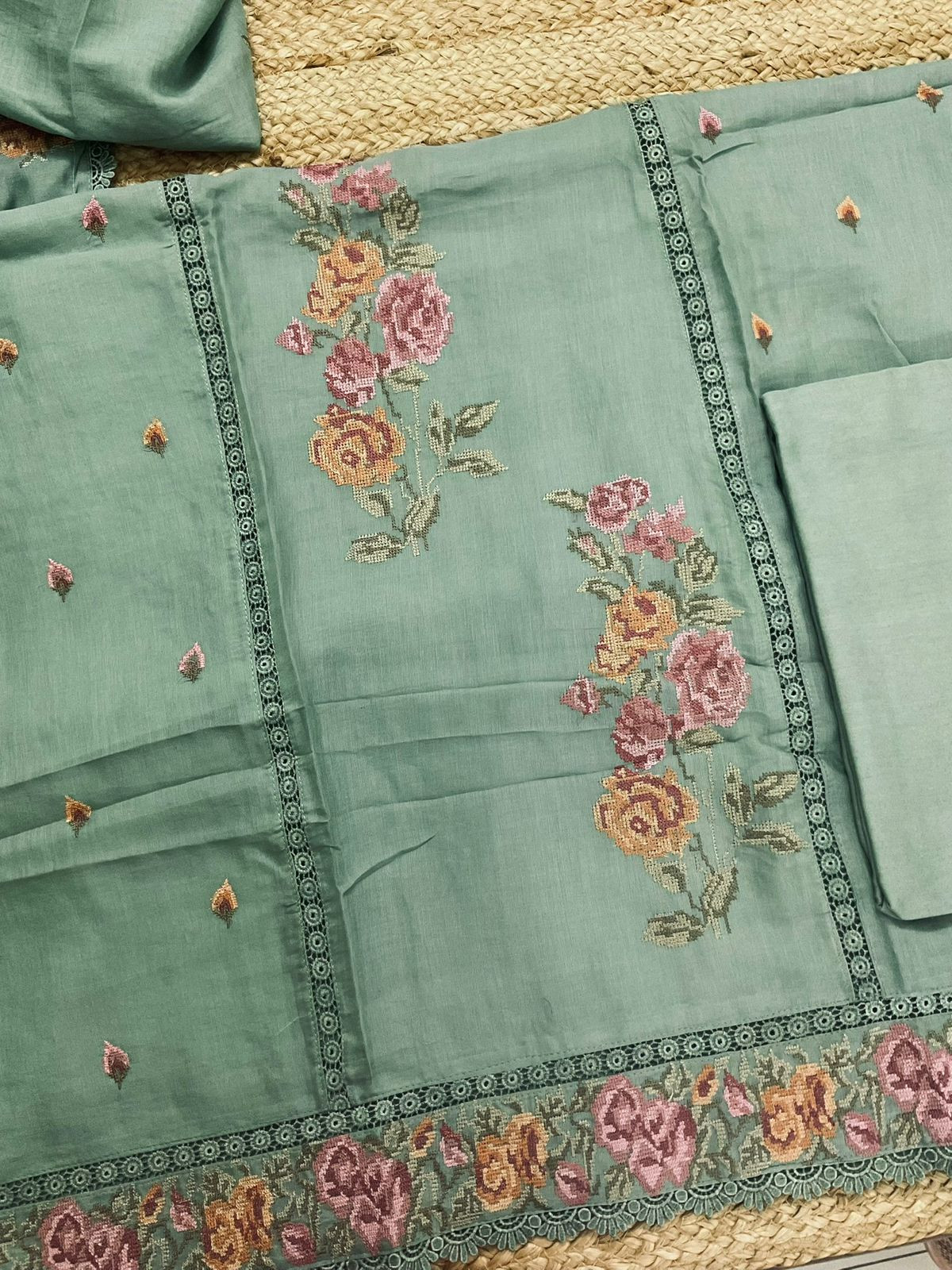 Pure Chanderi Embroidered Suit - Green