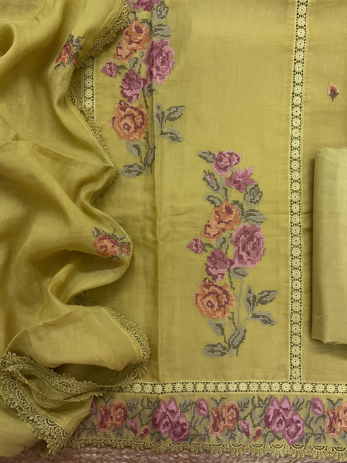 Pure Chanderi Embroidered Suit - Yellow