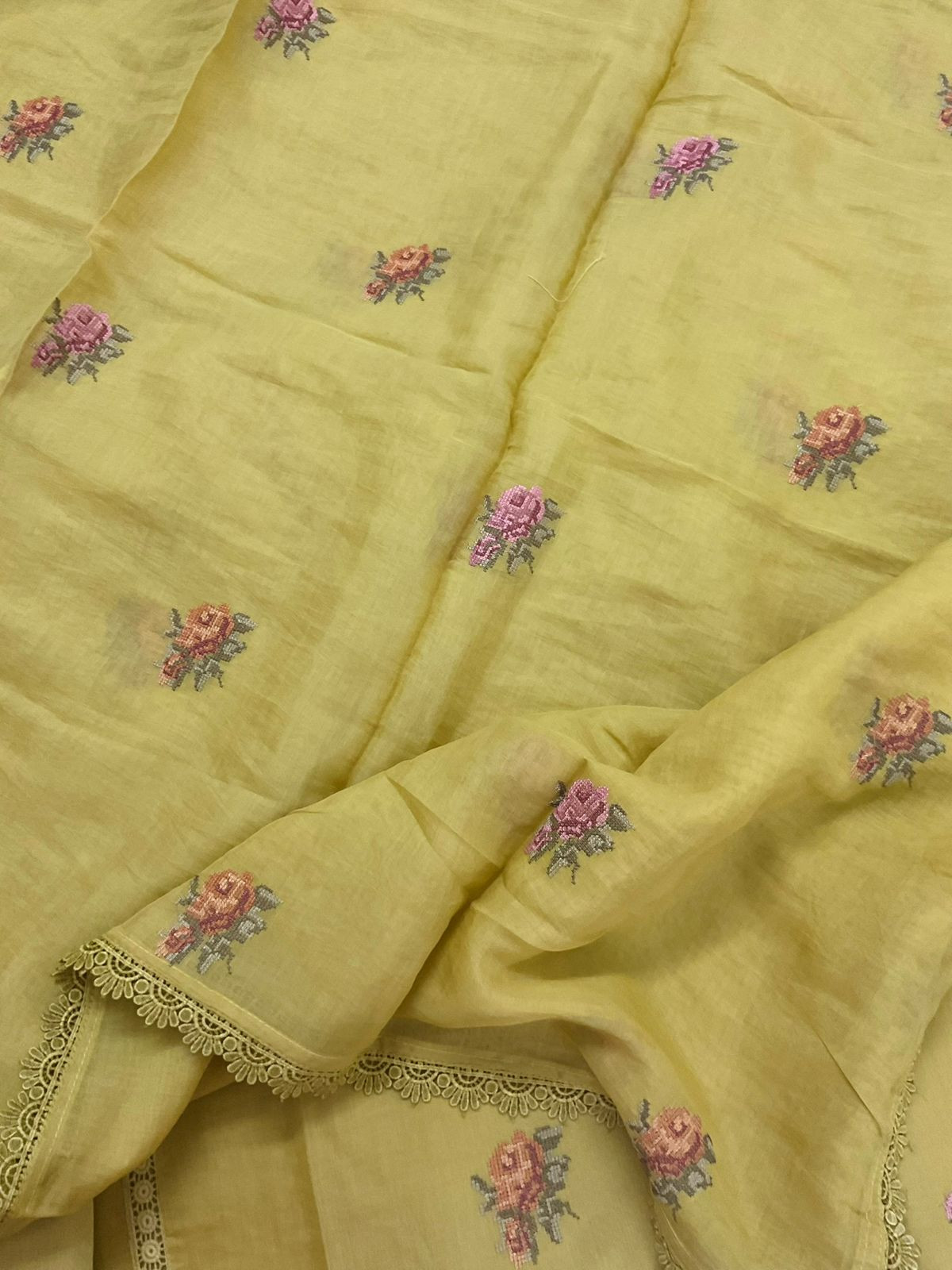 Pure Chanderi Embroidered Suit - Yellow