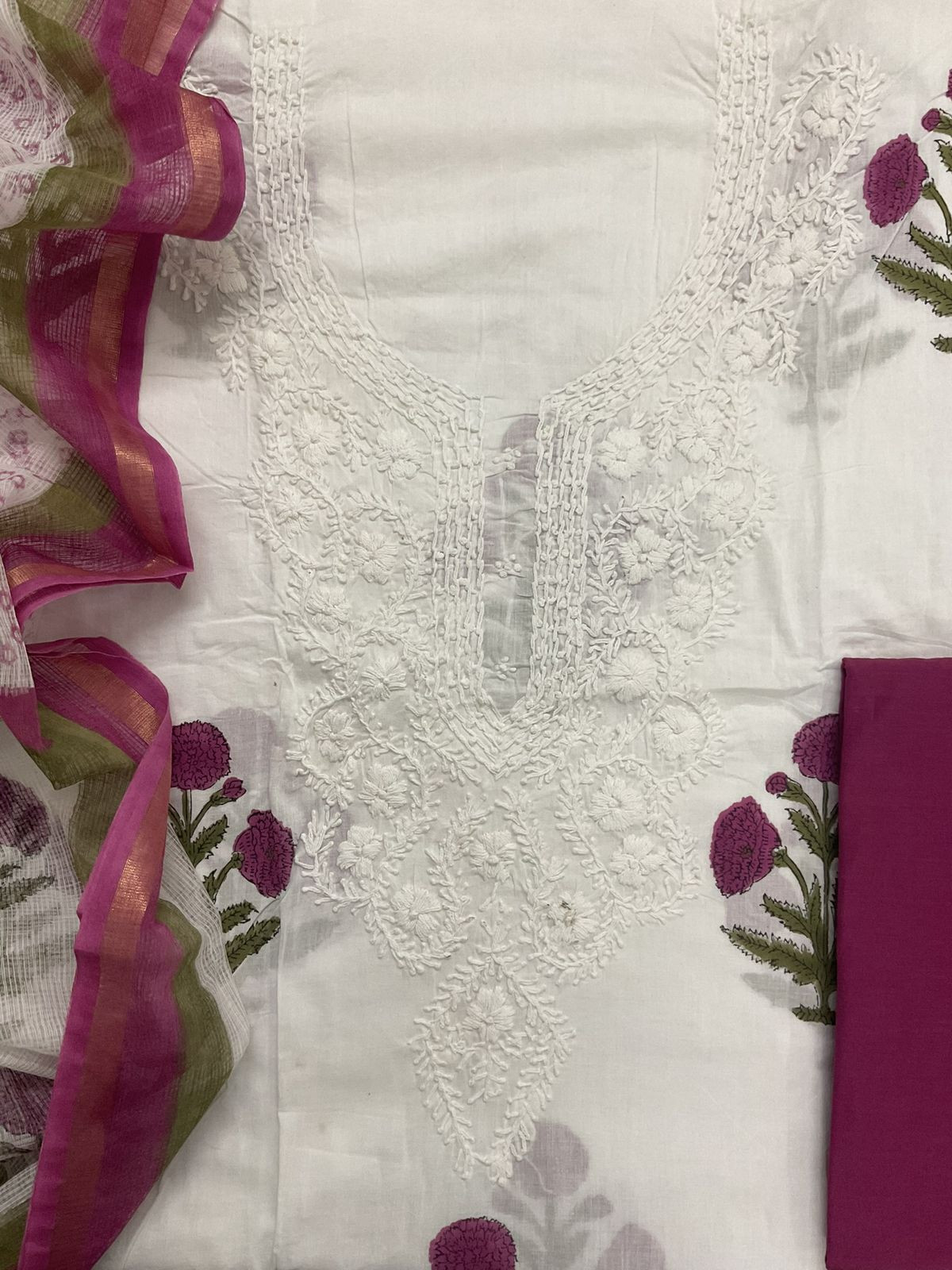 Pure Cotton Printed Embroidered Suit - White