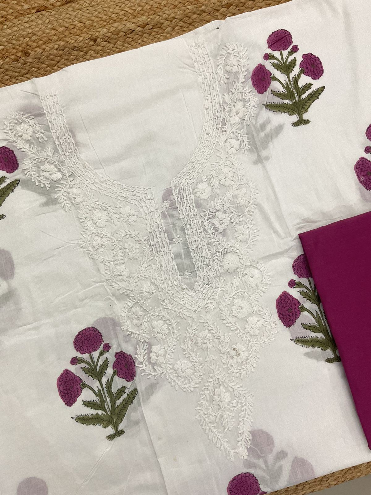 Pure Cotton Printed Embroidered Suit - White