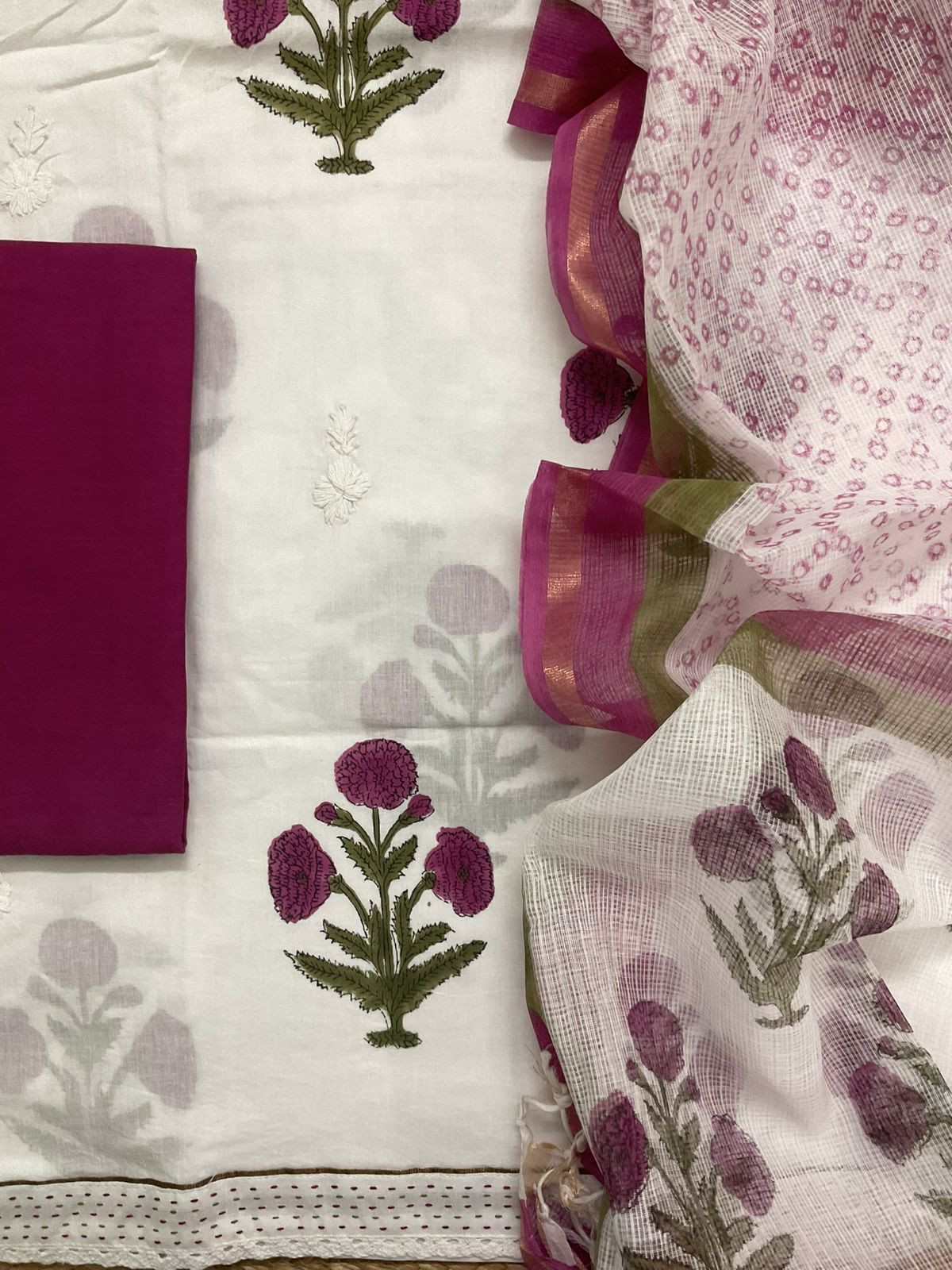 Pure Cotton Printed Embroidered Suit - White