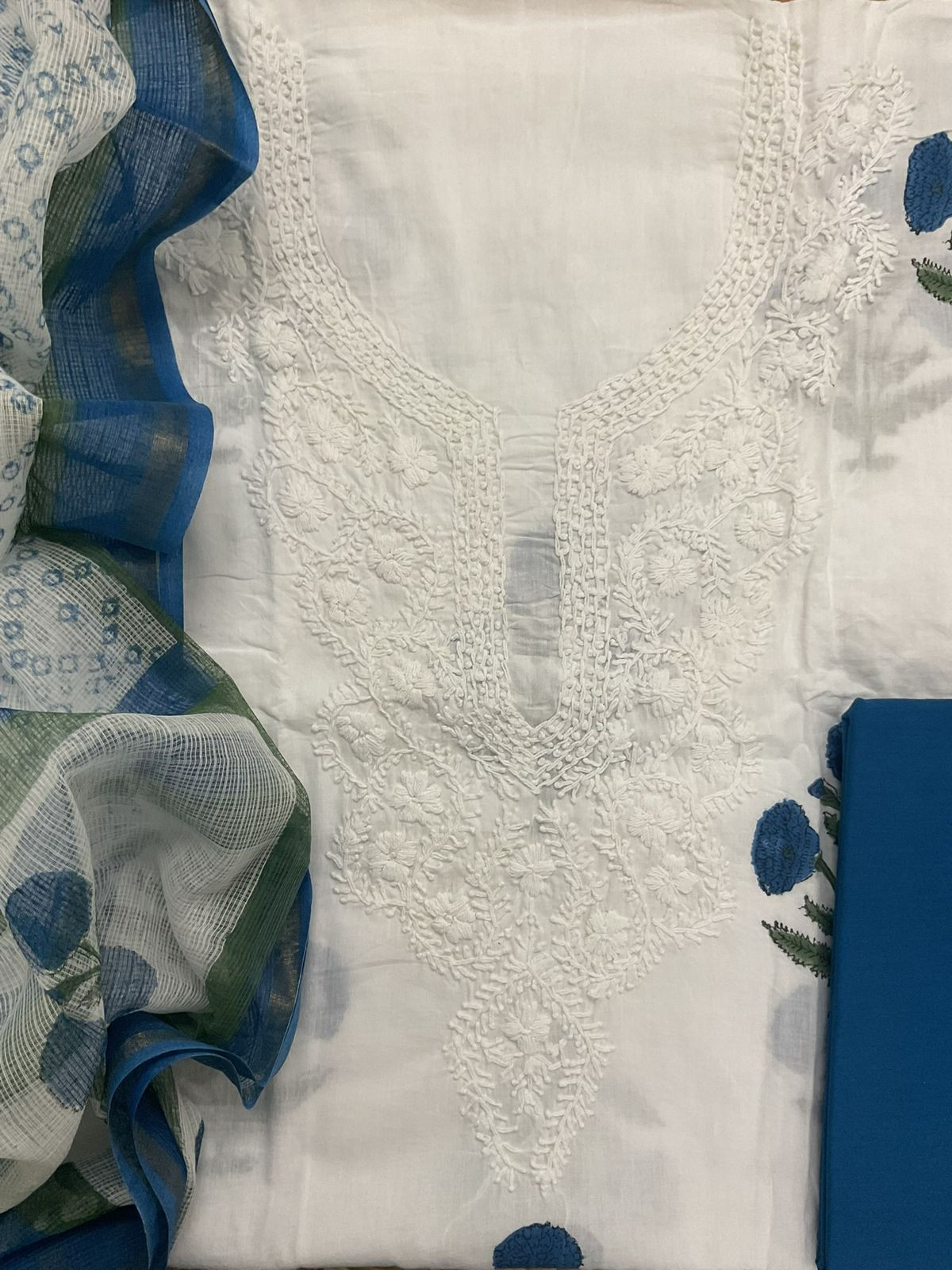 Pure Cotton Printed Embroidered Suit - White