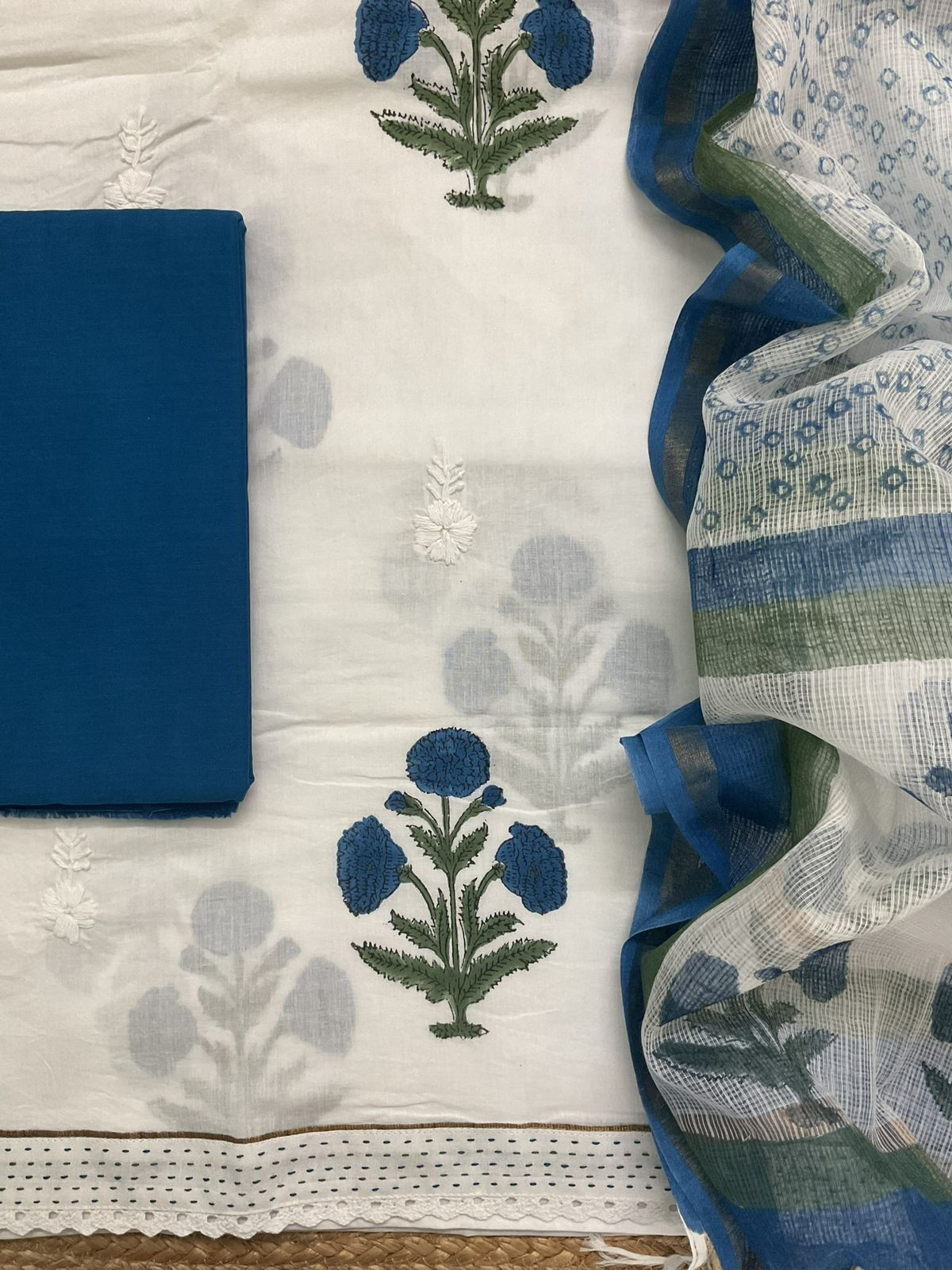 Pure Cotton Printed Embroidered Suit - White