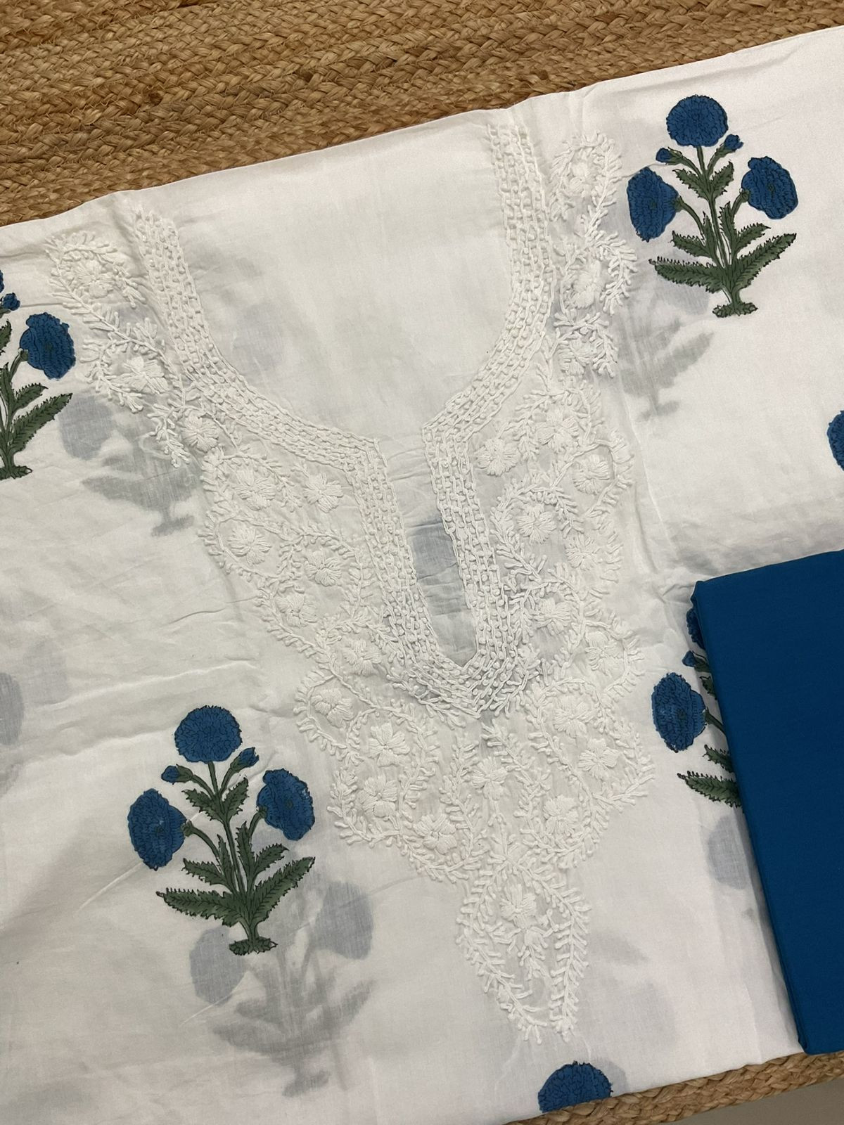 Pure Cotton Printed Embroidered Suit - White