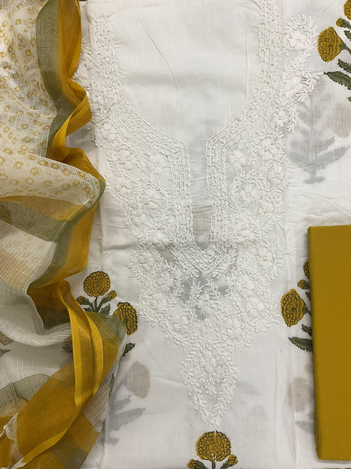 Pure Cotton Printed Embroidered Suit - White