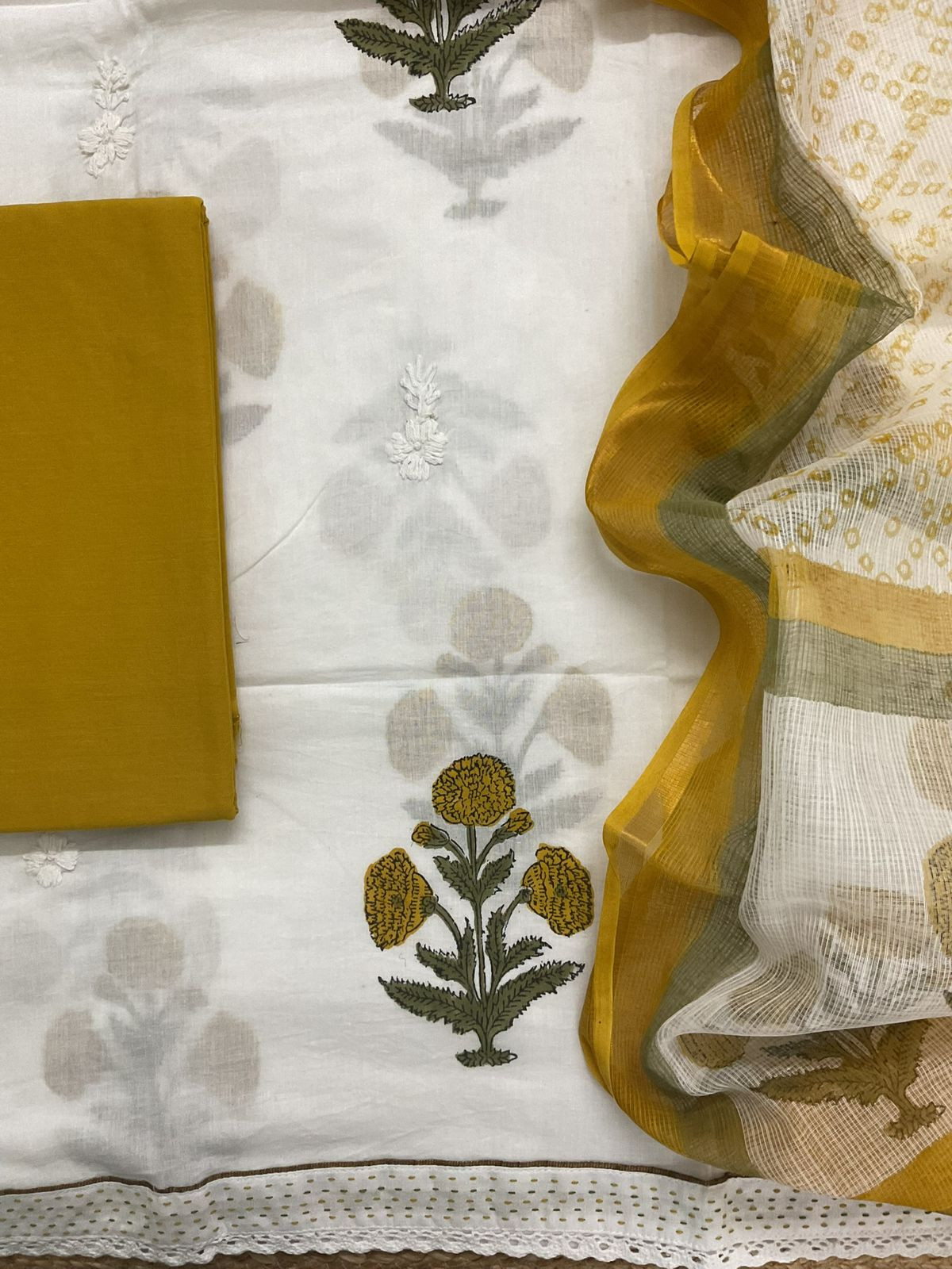 Pure Cotton Printed Embroidered Suit - White