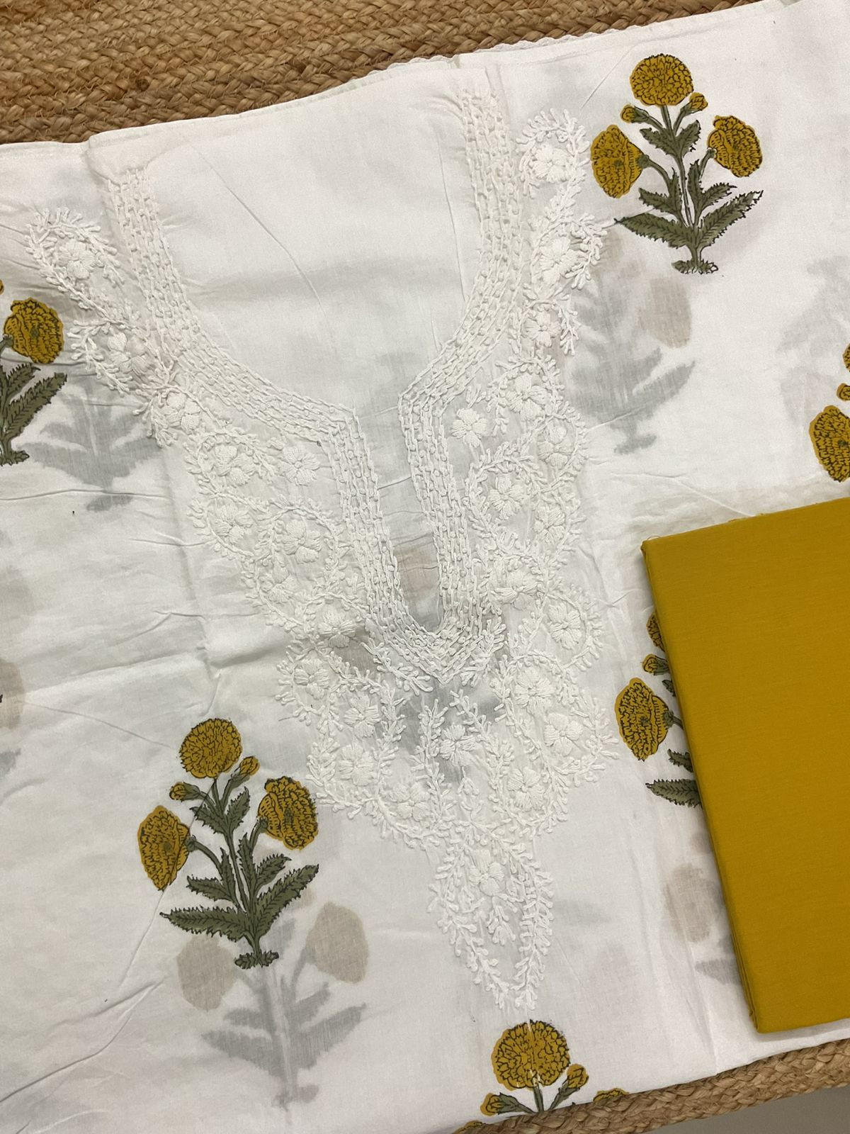 Pure Cotton Printed Embroidered Suit - White