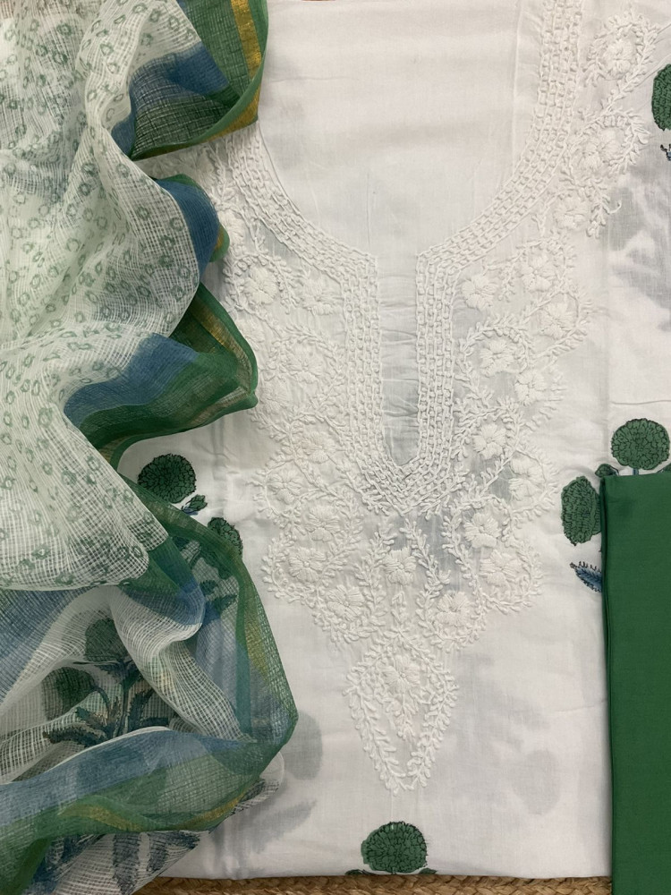 Image of Pure Cotton Printed Embroidered Suit - White