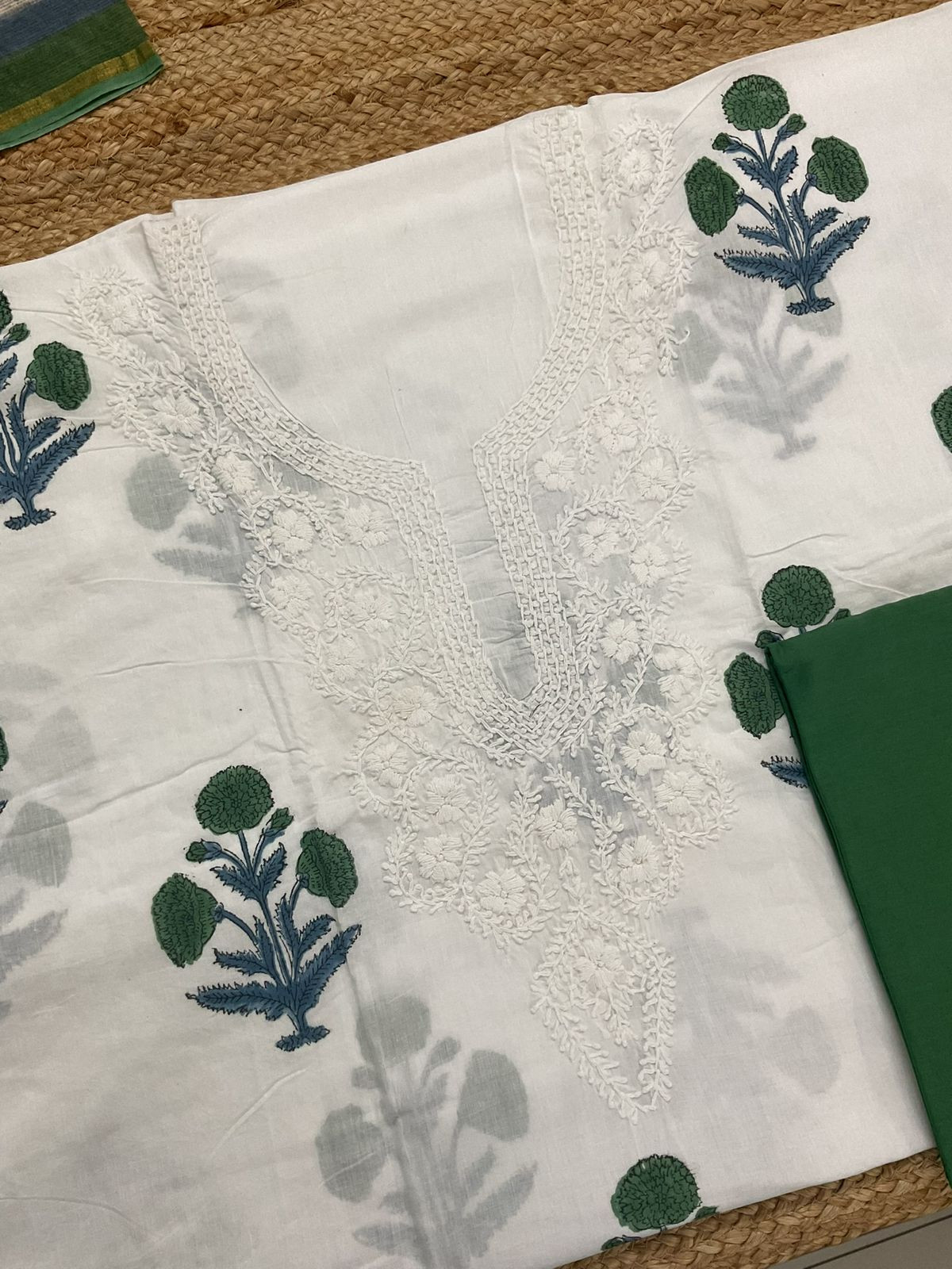 Pure Cotton Printed Embroidered Suit - White