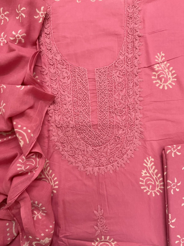 Image of Pure Cotton Printed Embroidered Suit - Pink