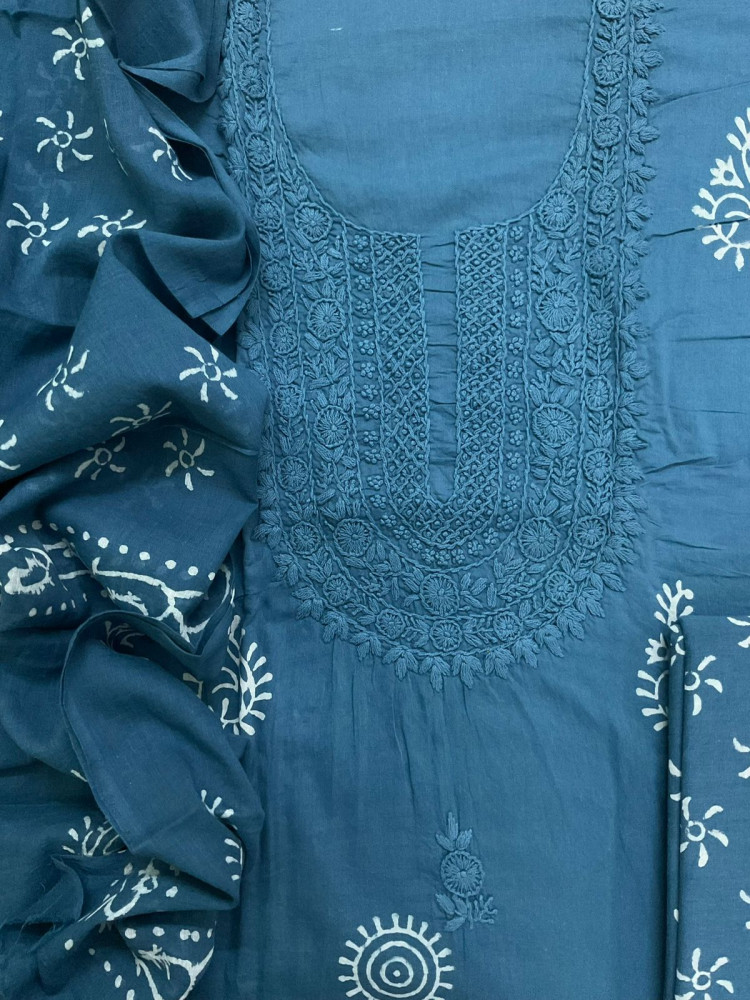 Image of Pure Cotton Printed Embroidered Suit - Blue