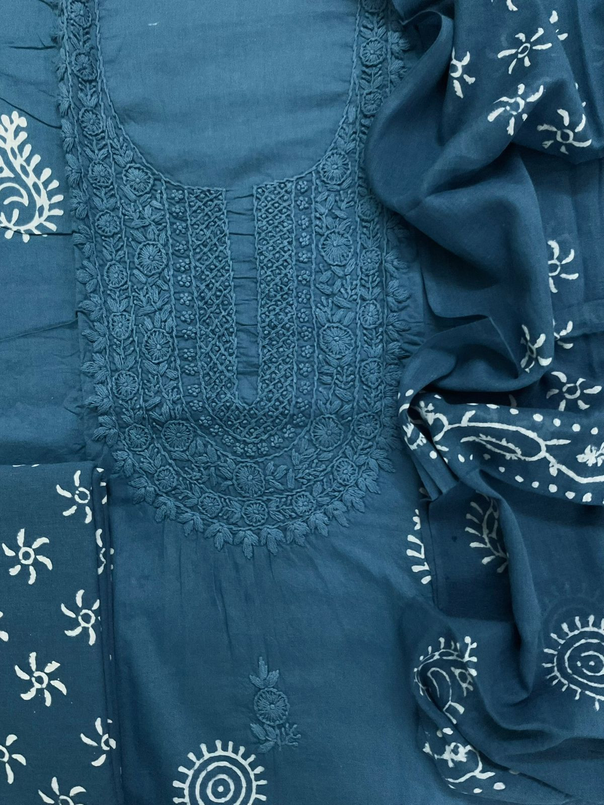 Pure Cotton Printed Embroidered Suit - Blue